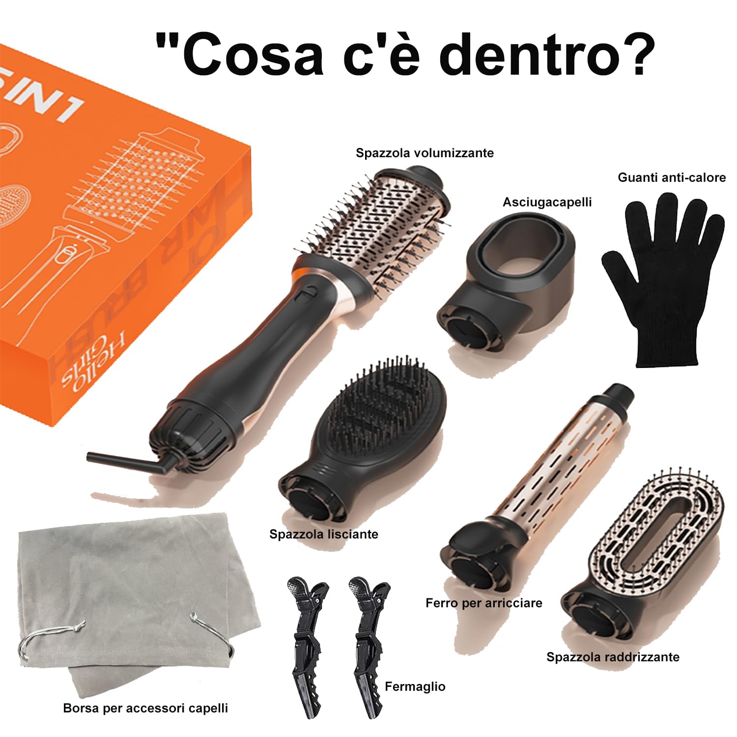 Spazzole ad aria calda 5 in 1, Set di Spazzola Asciugacapelli da 1000W, Styler per Capelli, con Asciugacapelli, Spazzola lisciante, Ferro Arricciacapelli, Volumizzante, 4 temperature