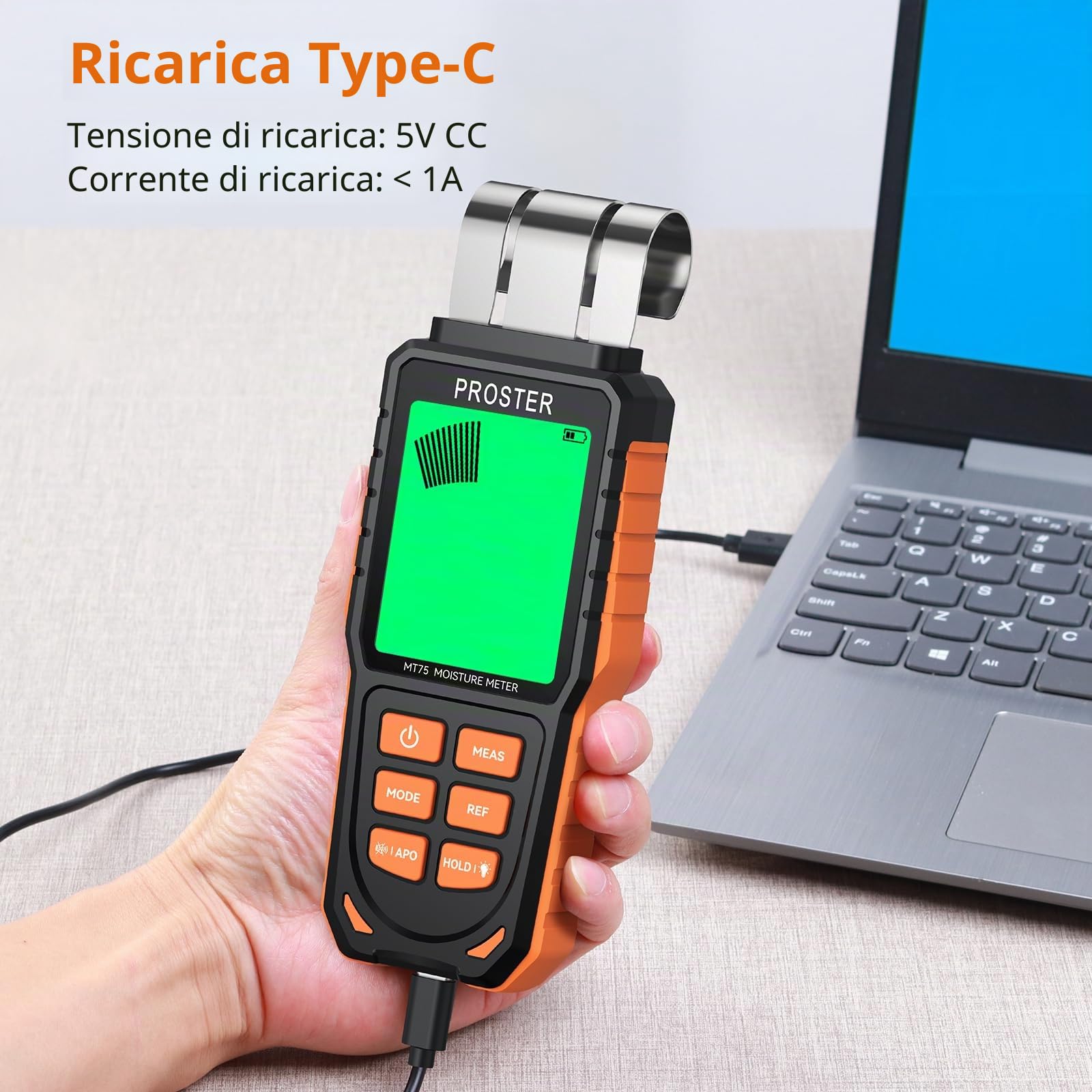 Proster Misuratore di Umidità Ricaricabile Senza Punte per Pareti con Schermo LCD a 3 Colori e 5 Modalità Legno Calcestruzzo Cemento Gesso INDEX Allarme Sonoro e Luminoso Rilevamento Fino a 40 mm