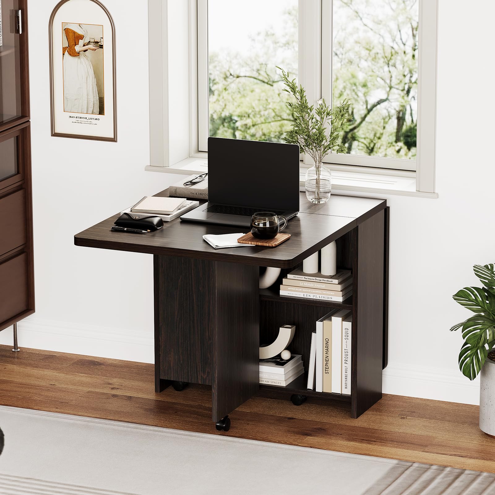 Mesa de Comedor Plegable Multifuncional, Mesa Auxiliar con Ruedas y Almacenamiento, Ahorra Espacio, para Cocina y Comedor, Color Nogal Oscuro, 120x60x75cm