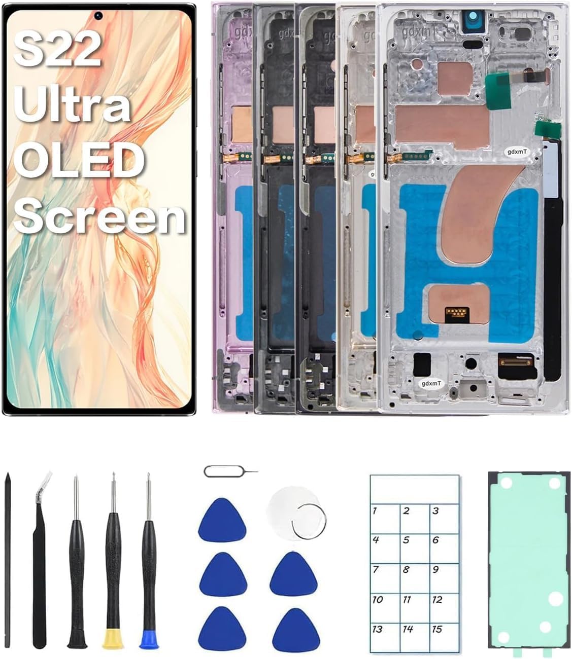 Écran OLED de rechange pour Samsung Galaxy S22 Ultra 5G, écran LCD avec cadre et capteur d'empreintes digitales, kit d'outils complet et instructions d'installation (français non garanti) (noir