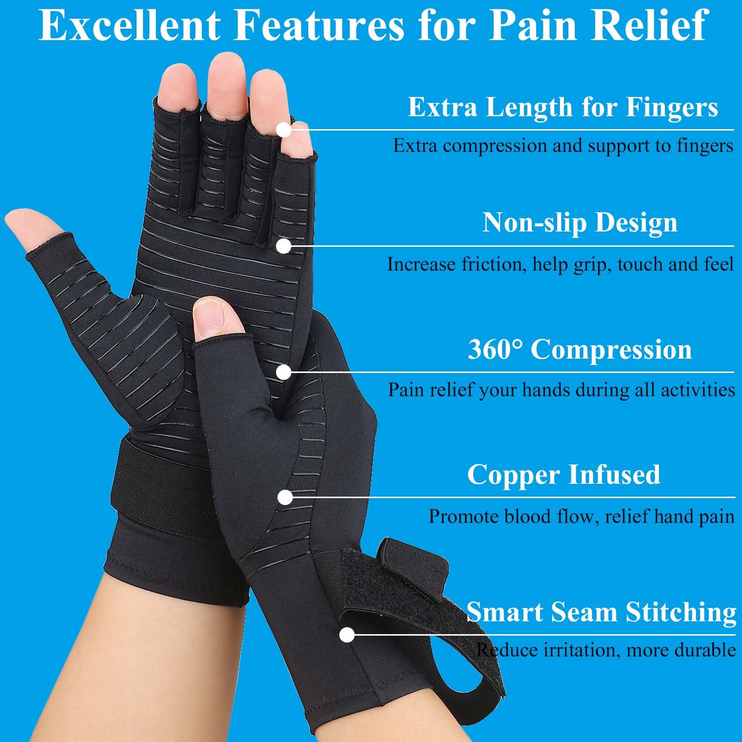 Guantes de Artritis, 2 Pares de Compresión de Cobre con Correa de Muñeca Ajustable para Hombres y Mujeres, Negro, Large/X-Large