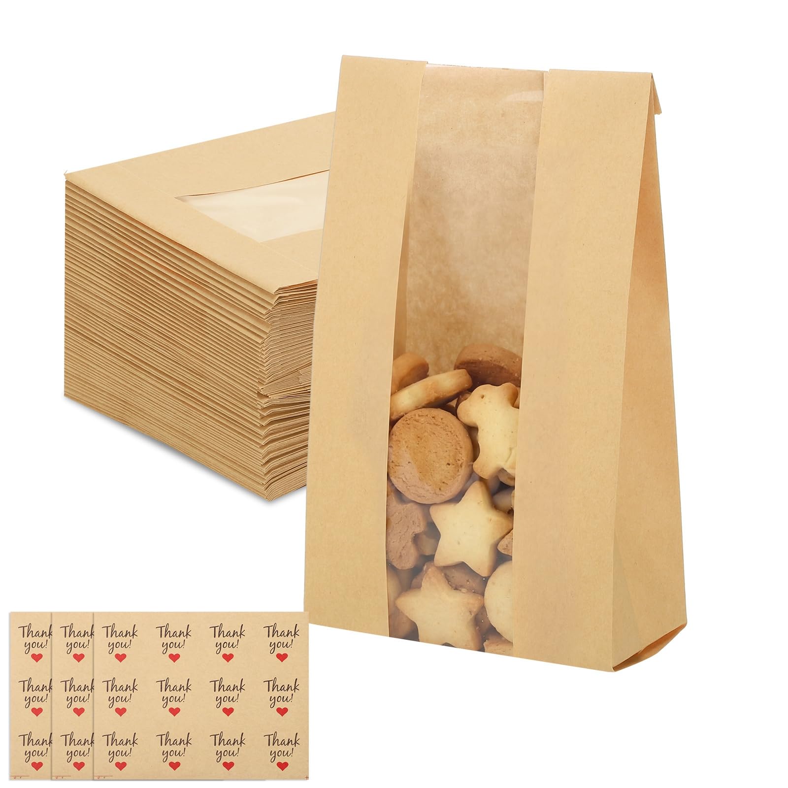 Photo 1 of 130 Pcs Cookie Bags With Window, 9.6"x4.7"x2.36" Small Paper Lunch Bags with 144 Stickers for Homemade Cookies Sandwiches Muffin Snacks Easter Party Favor