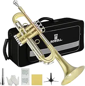 ROWELL Conjunto de trompete padrão Bb trompete profissional trompetes de latão para iniciantes com estojo de mão de luxo, luvas, bocal 7C e kit de limpeza (acabamento antigo)