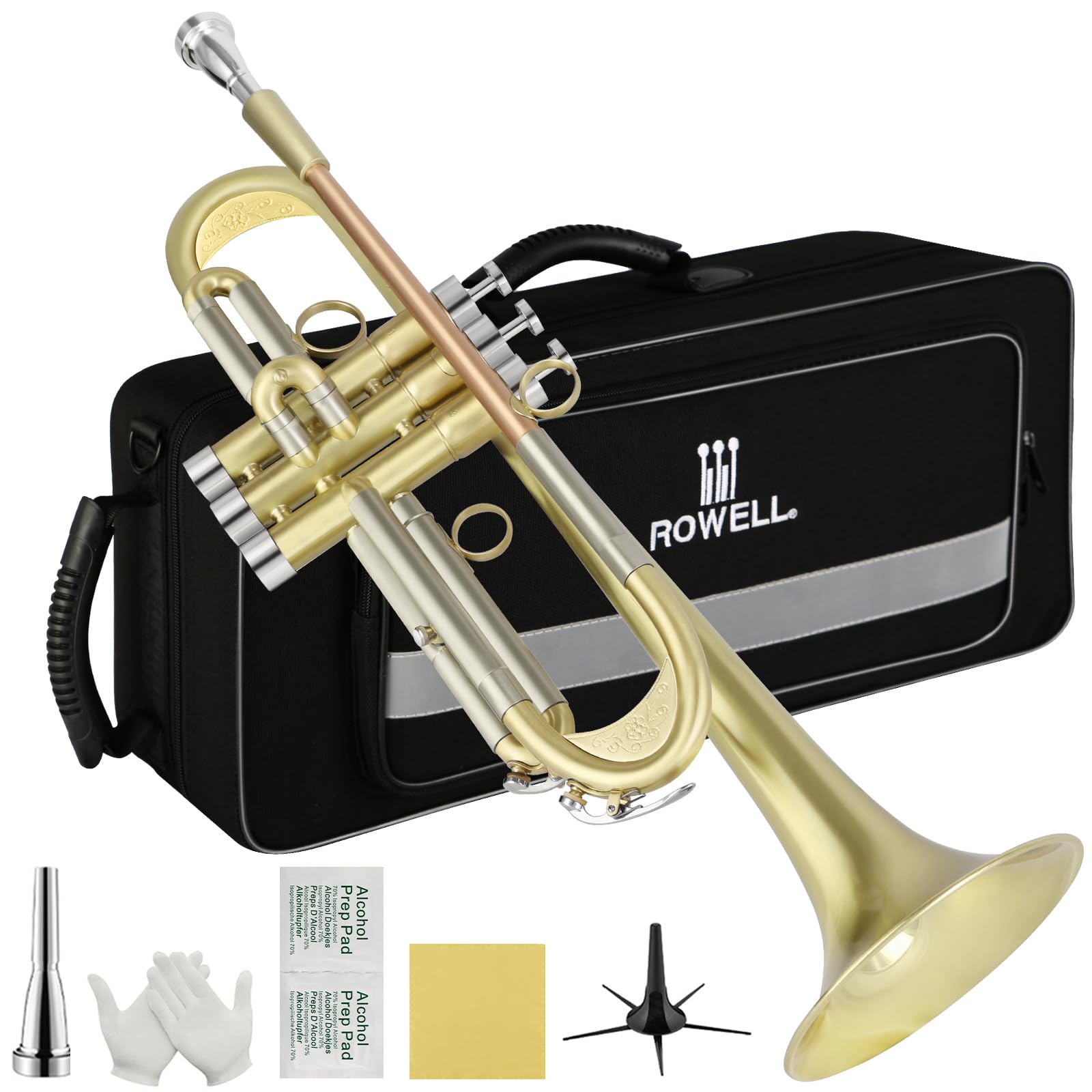 ROWELL Trumpet Standard Bb Trumpet Set Professional Trumpets Brass Trumpets for Beginners with Deluxe Hand Case,Gloves,7C Mouthpiece and Clean Kit (Antique Finished)