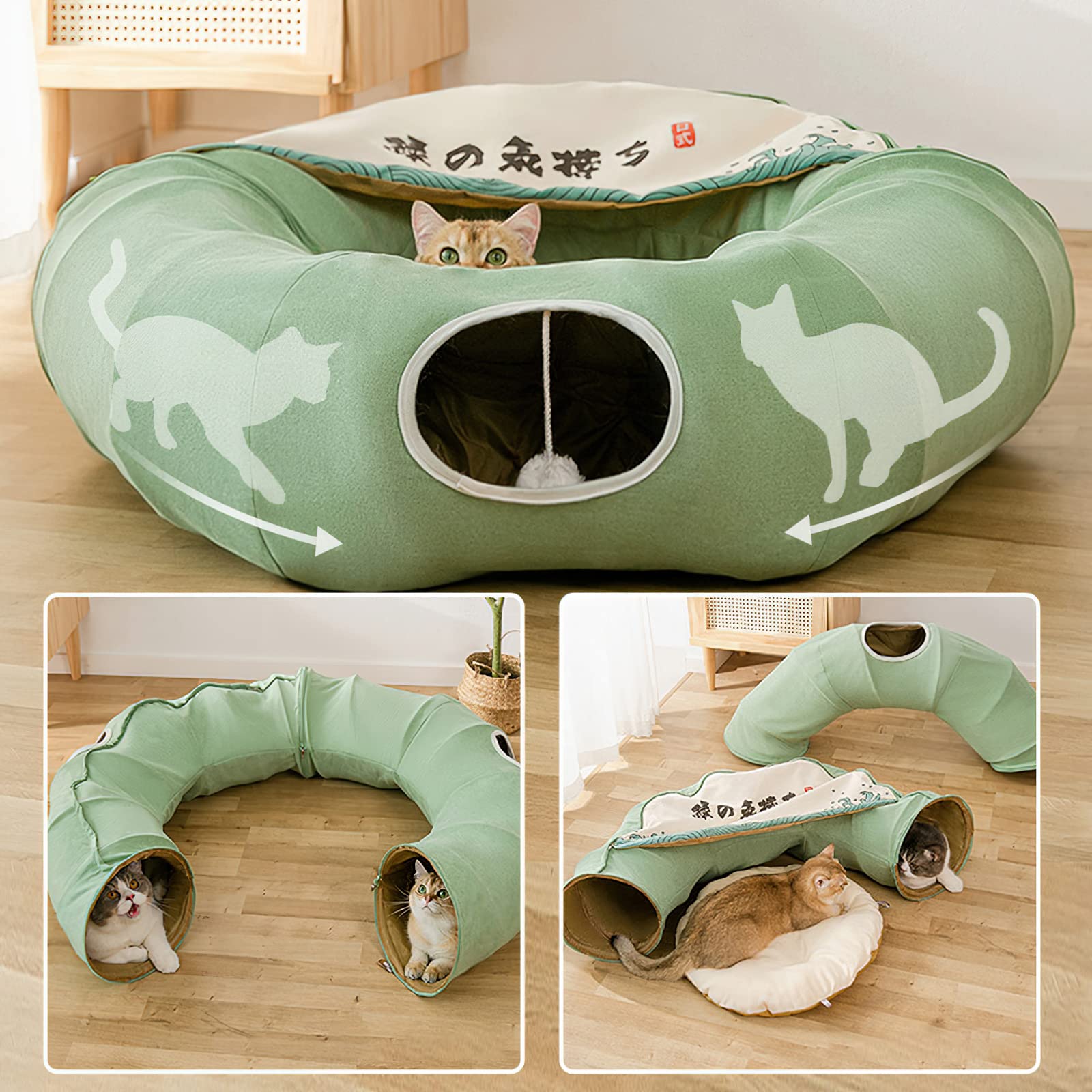 Galatée Kattenbed, kattentunnel met tapijt, kattenhollebed met 2 hangende krabballen, zacht en warm, tunnel voor katten voor katten binnenshuis (lichtbruin Galatée Kattenbed, kattentunnel met tapijt, kattenhollebed met 2 hangende krabballen, zacht en warm, tunnel voor katten voor katten binnenshuis (lichtbruin