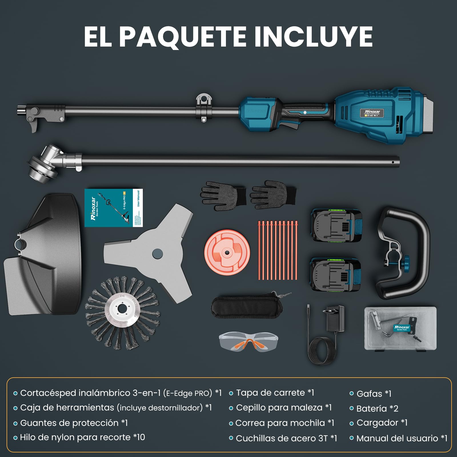 Desbrozadora a Batería Brushless, Cortabordes Electrica 26 cm con Motor Delantero, 2 x 5200mAh, 8000/12000 RPM, 3 Cuchillas, Barra Ajustable y Empuñadura en D, para Césped, Bordes y Jardín