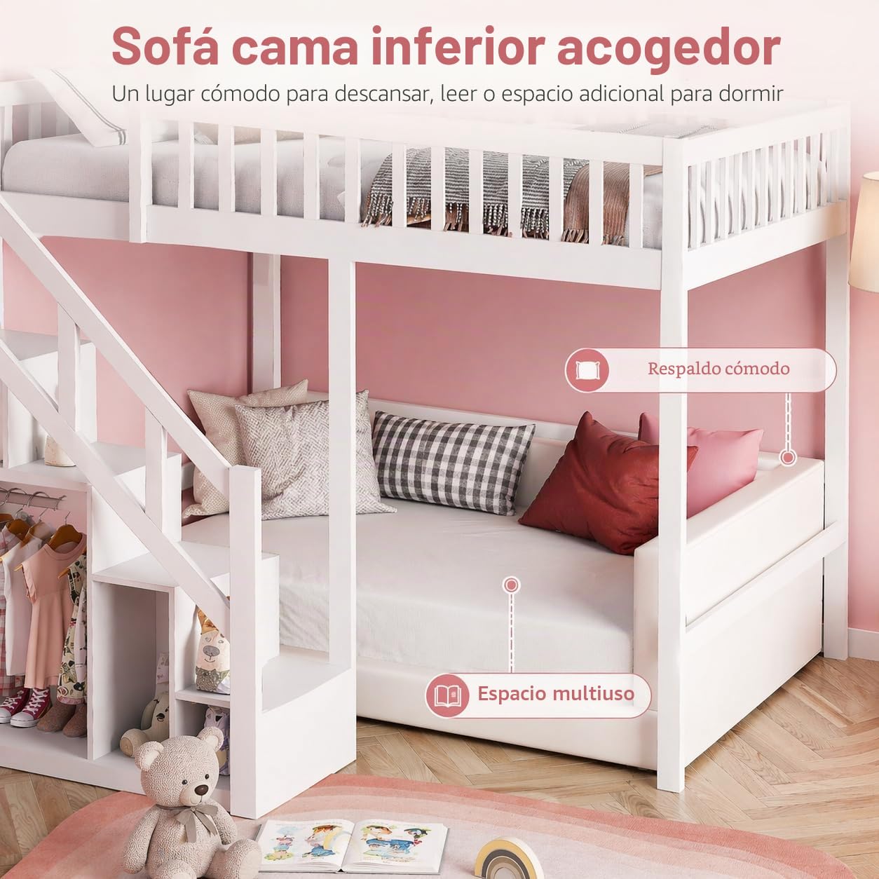 Litera de 90 x 200 cm, Cama Infantil de Madera Maciza con Escalera de Seguridad y Armario de Almacenamiento, Cama Juvenil con somier de láminas, Cama Infantil Multiusos para habitación