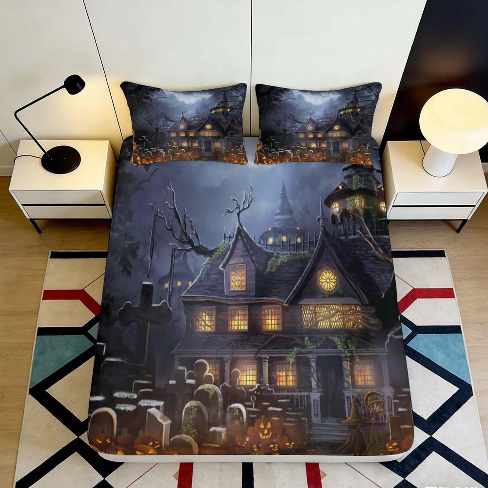 3D Printed Haunted House Fitted Sheet Microfiber Soft Halloween Graveyard Bed Cover for Adult Teen Bedroom Decor 90x200x25cm