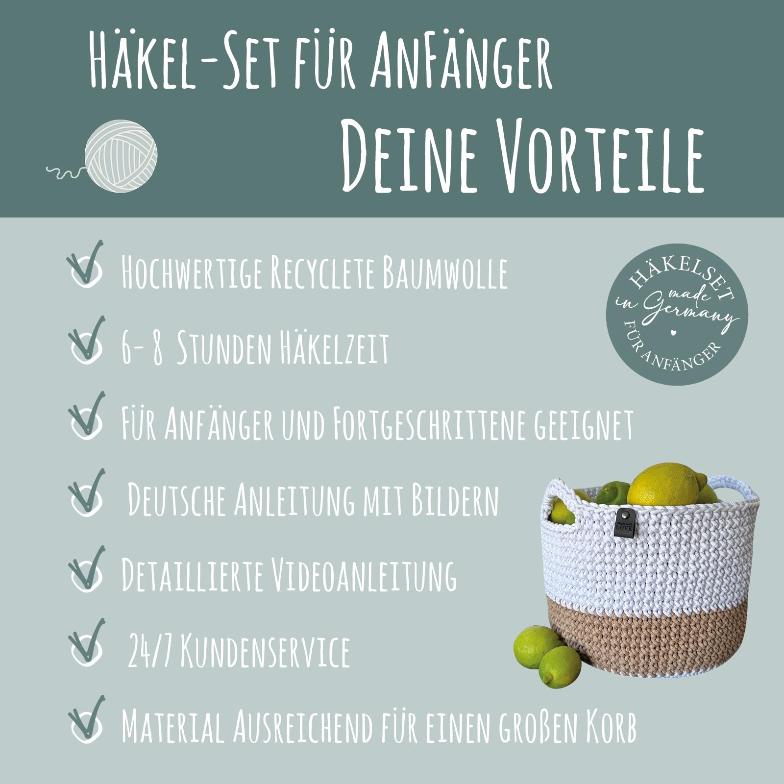 HÄKEL LIESE Set all'uncinetto per principianti – grande cestello, set all'uncinetto per principianti, cestino decorativo, filo di cotone per uncinetto, set di cestini all'uncinetto, set fai da te per