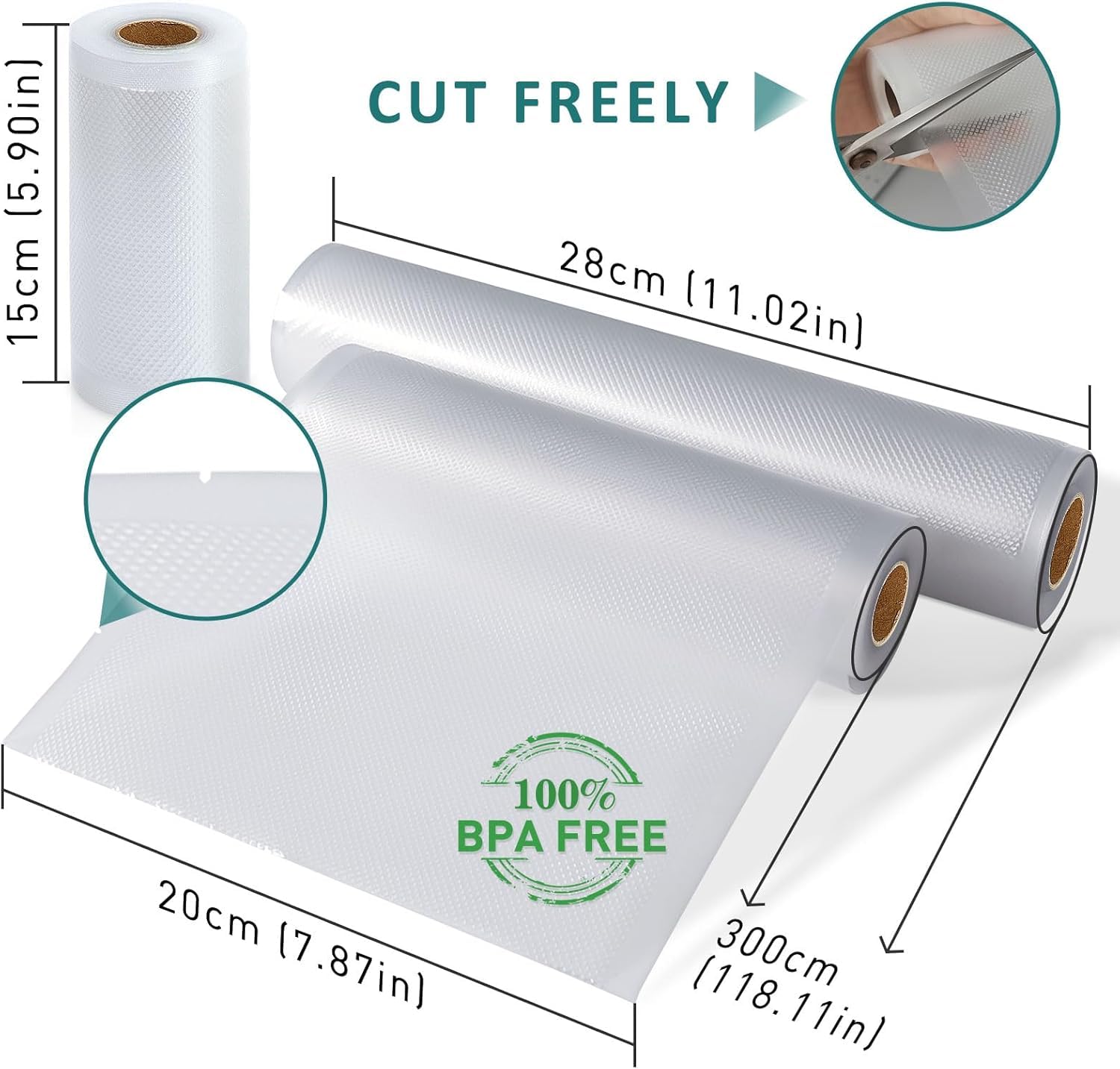 YISH Sacchetti Sottovuoto Alimenti 8 Rotoli：28/20/15/x300 cm Buste Sottovuoto Alimenti per Sous Vide e Macchine Sottovuoto, Rotolo Sottovuoto Alimenti 170µm