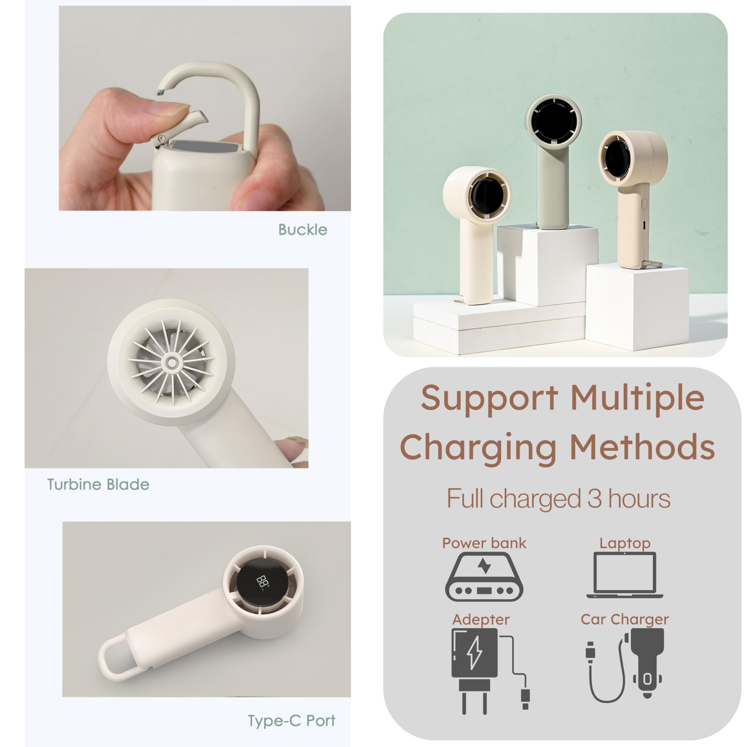 MOVEX Mini-Turbo-Ventilator, tragbar, einstellbare Geschwindigkeiten, 1–100 USB, wiederaufladbar, leistungsstark, persönlich, leicht, niedliches Taschen-Design für Reisen, Sommer, Konzert, Make-up