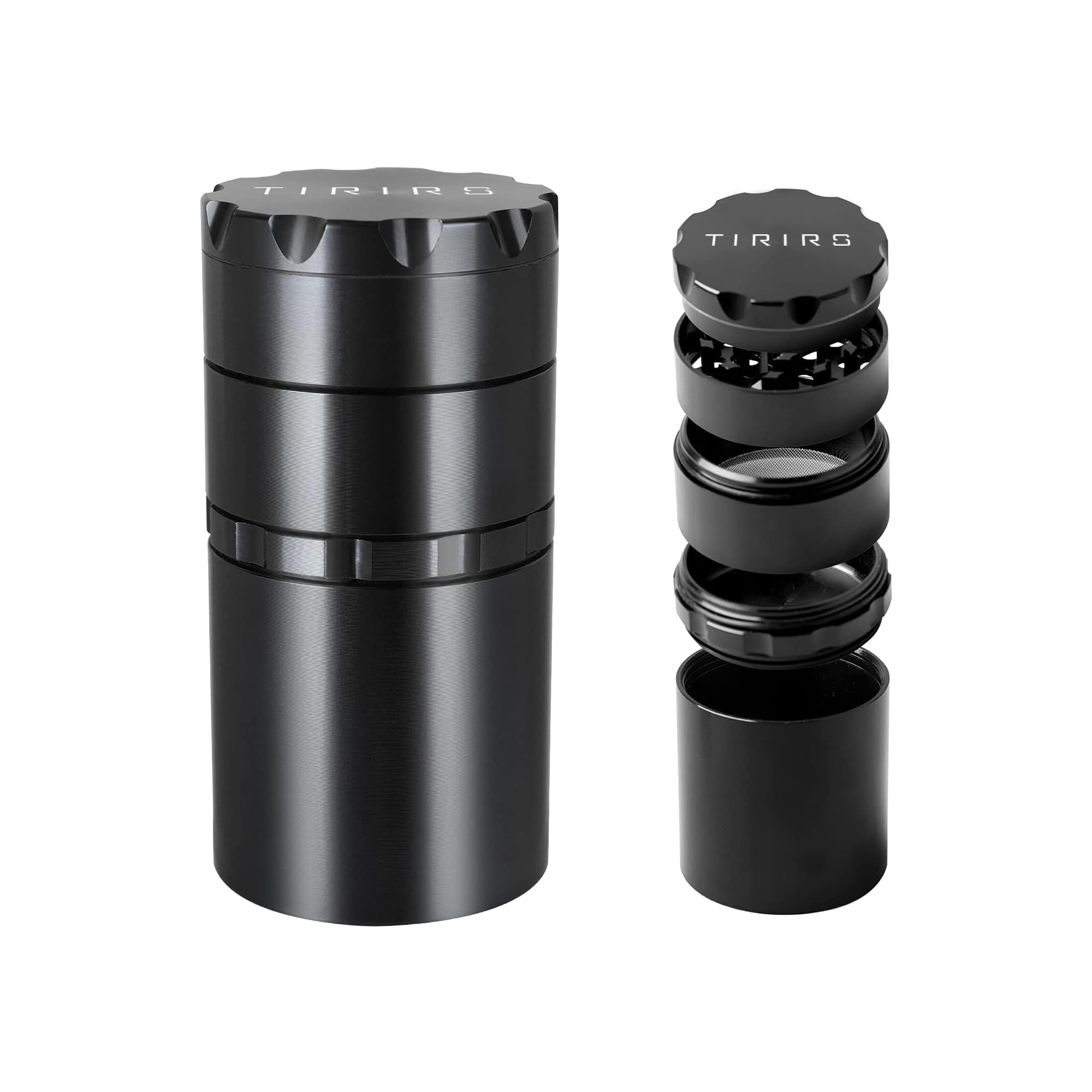 TIRIRS 2 Inch 5 Pieces Herb Grinder with Big Storage Room - Aluminium Large Spice Grinder with Pollen Scraper and Cleaning Brush, Magnetic Top, Black