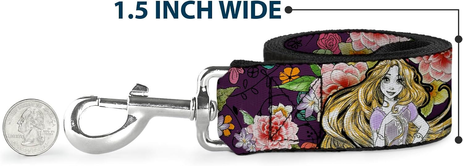 Buckle-Down Pet Leash - Rapunzel Poses/Floral Collage Sketch Purple - 6 Feet Long - 1" Wide