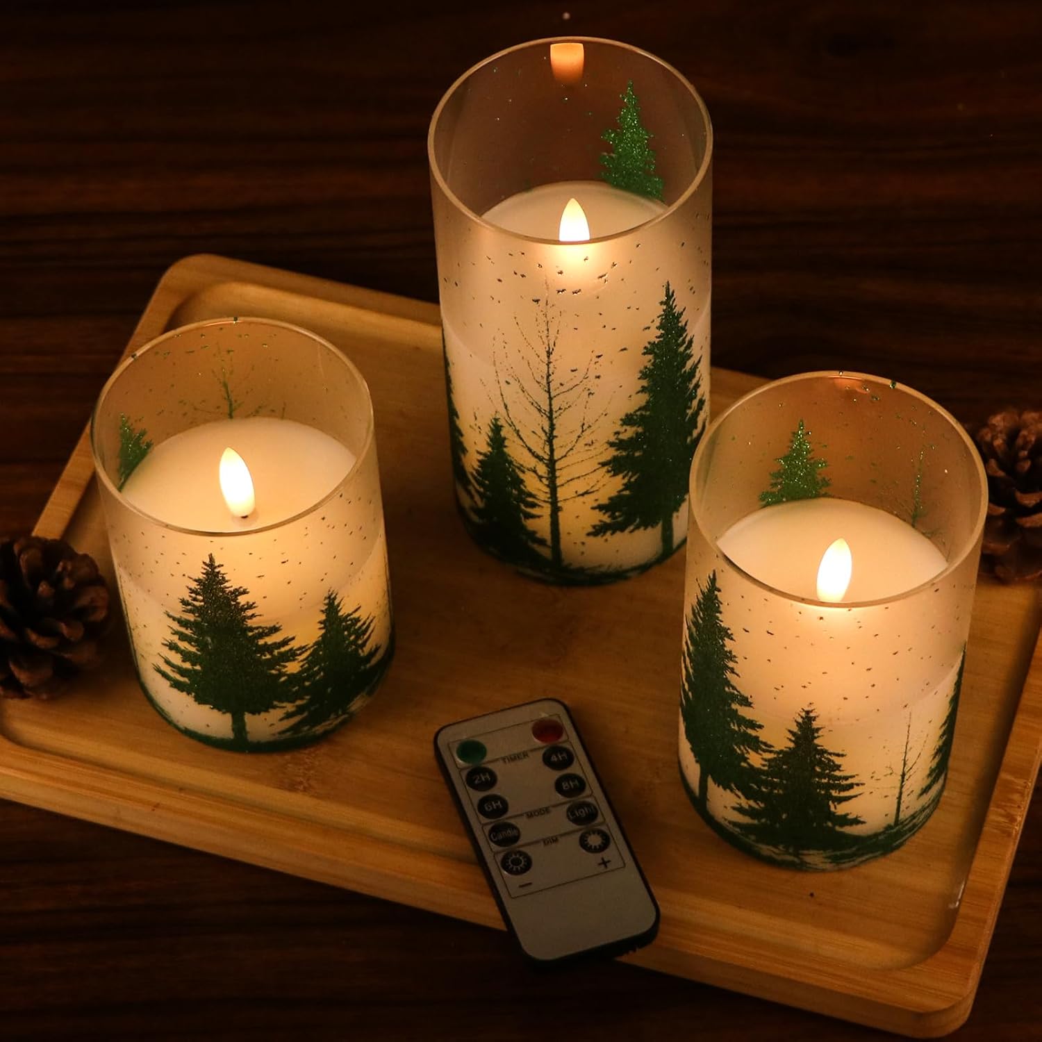 Flameless Christmas Tree Glass Candles with Remote Timer Battery Operated, LED Pillar Candles with 3D Flickering Flame for Christmas Holiday Home Décor (Green, 3x4/5/6 inches)