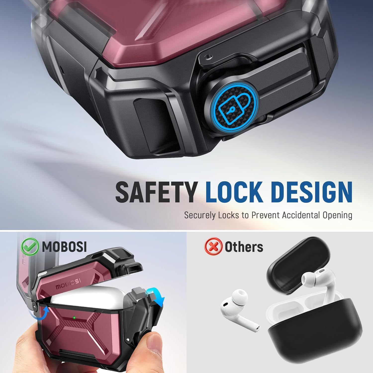 MOBOSI IP68 Waterproof Case for AirPods Pro 3[Compatible with MagSafe] iPods Pro 3 Cover Military Grade Protective Earpods Pro3 Shell with Secure Lock, Keychain & Phone Stand (2025),Red