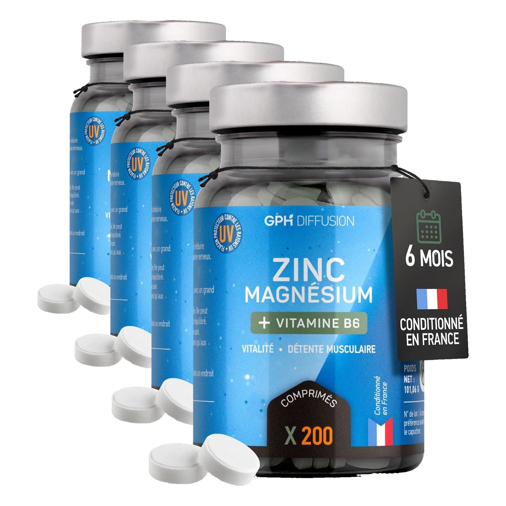 Magnésium marin + Zinc + B6-200 Comprimés - Vitalité - Détente Musculaire - GPH DIFFUSION (Lot de 4)