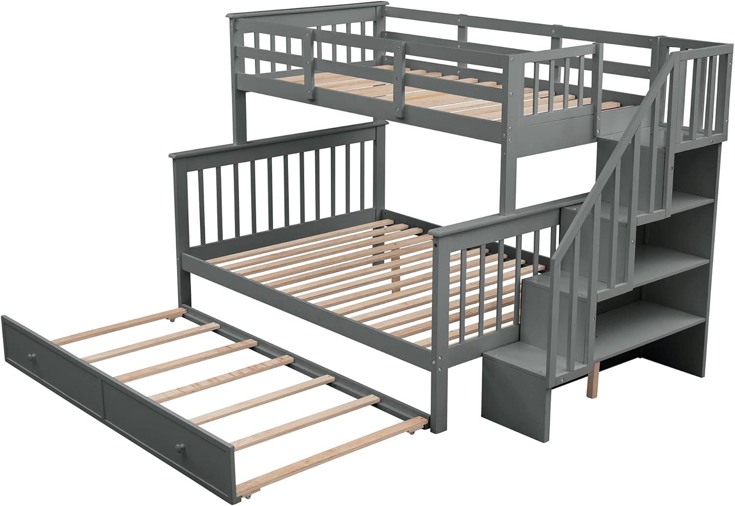 Harper & Bright Designs Twin Over Full Bunk Bed, Wooden Bunk Bed Frame Twin Over Full with Trundle and Storage Shelves, Twin Over Full Size Bunk Beds with Staircases for Kids Teens Adults, Grey