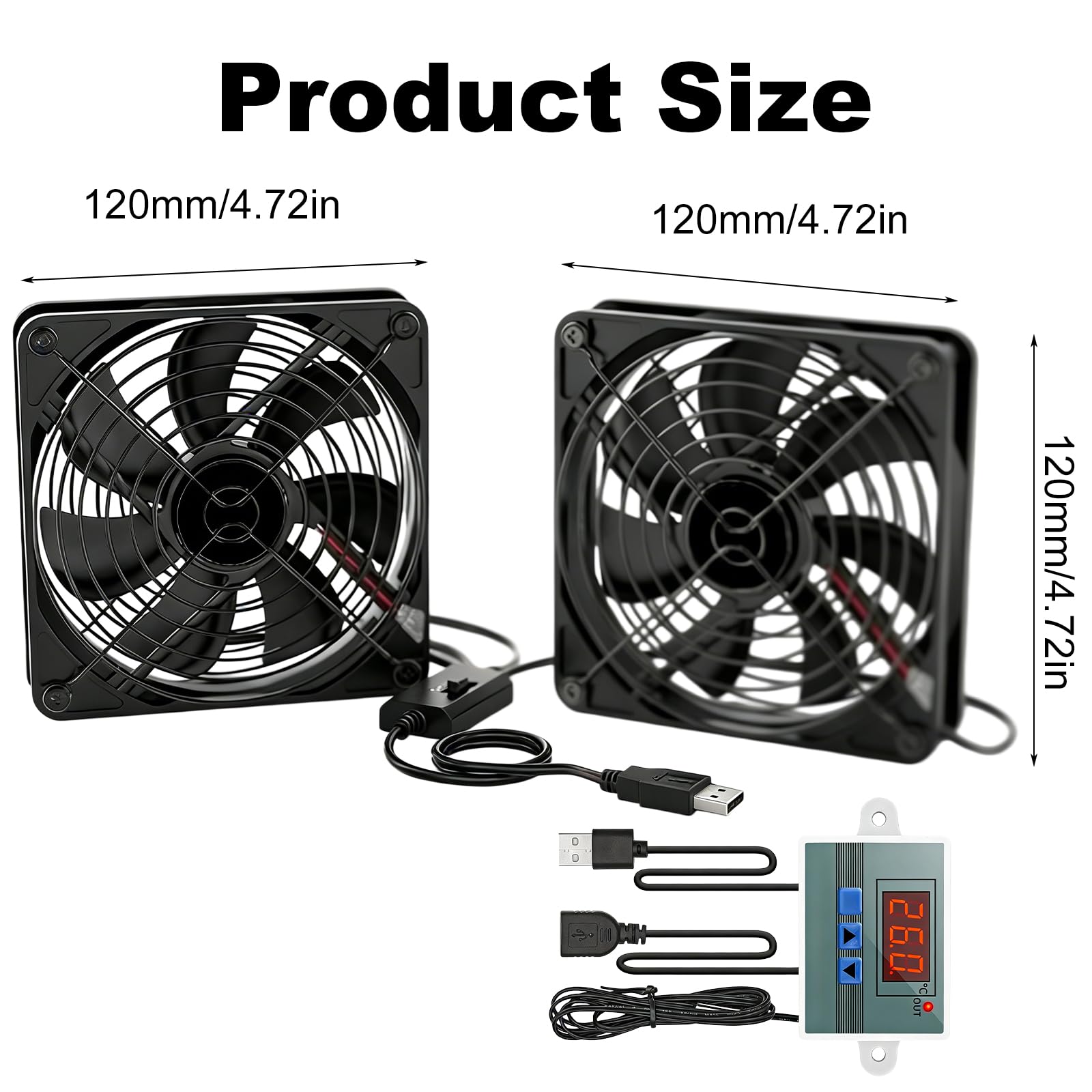 Ventilador USB de 120 mm con regulador de temperatura digital, 5 V Dual USB para PC con 3 velocidades ajustables, ventilador de carcasa, ventilador USB Dual Rodamiento de bolas para PS5/router/TV Box