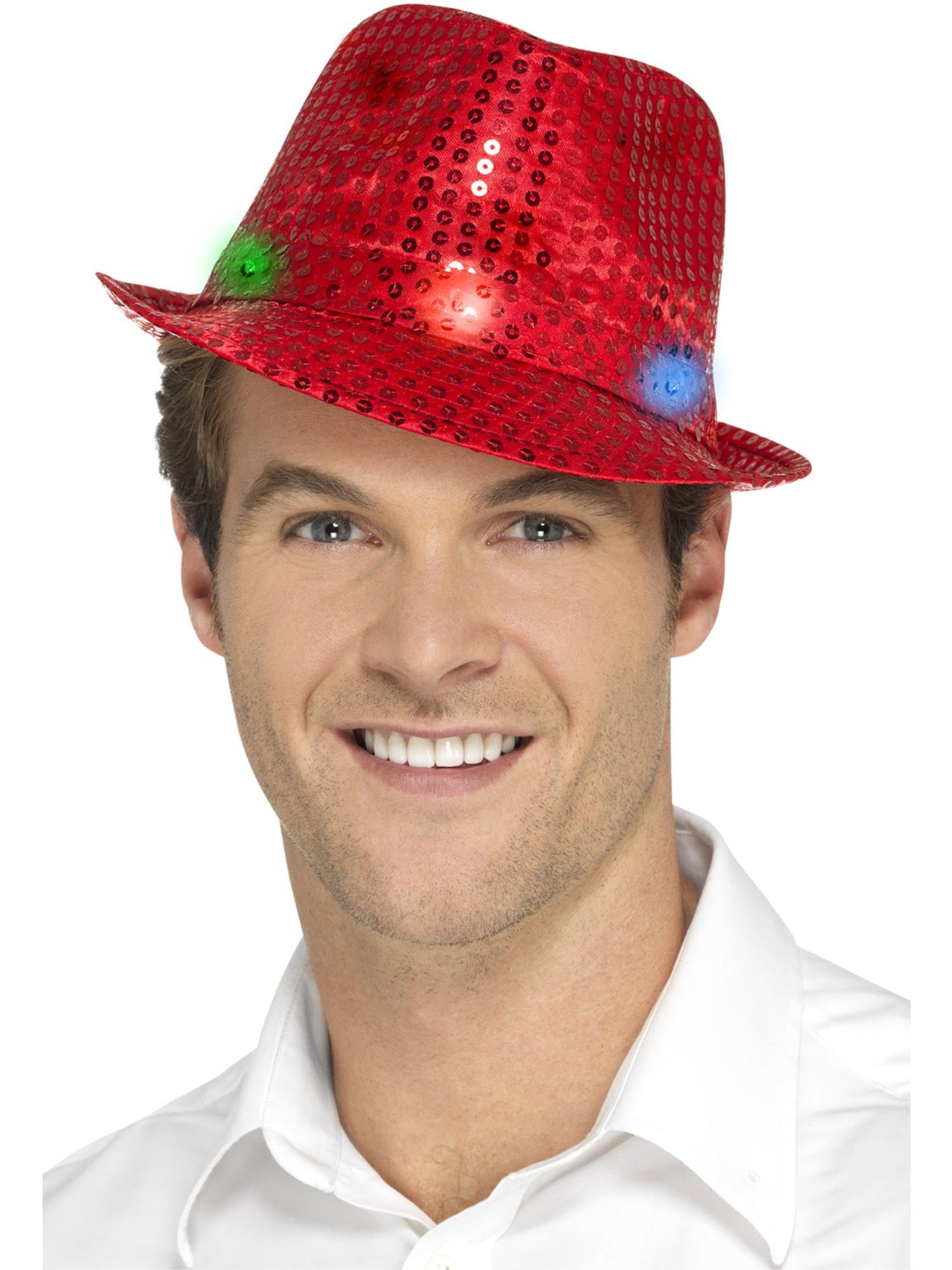 Smiffys Light Up Sequin Trilby Hat, Red with Multi-Function LED Lights, Party & Carnival Fancy Dress, Party Dress Up Hats