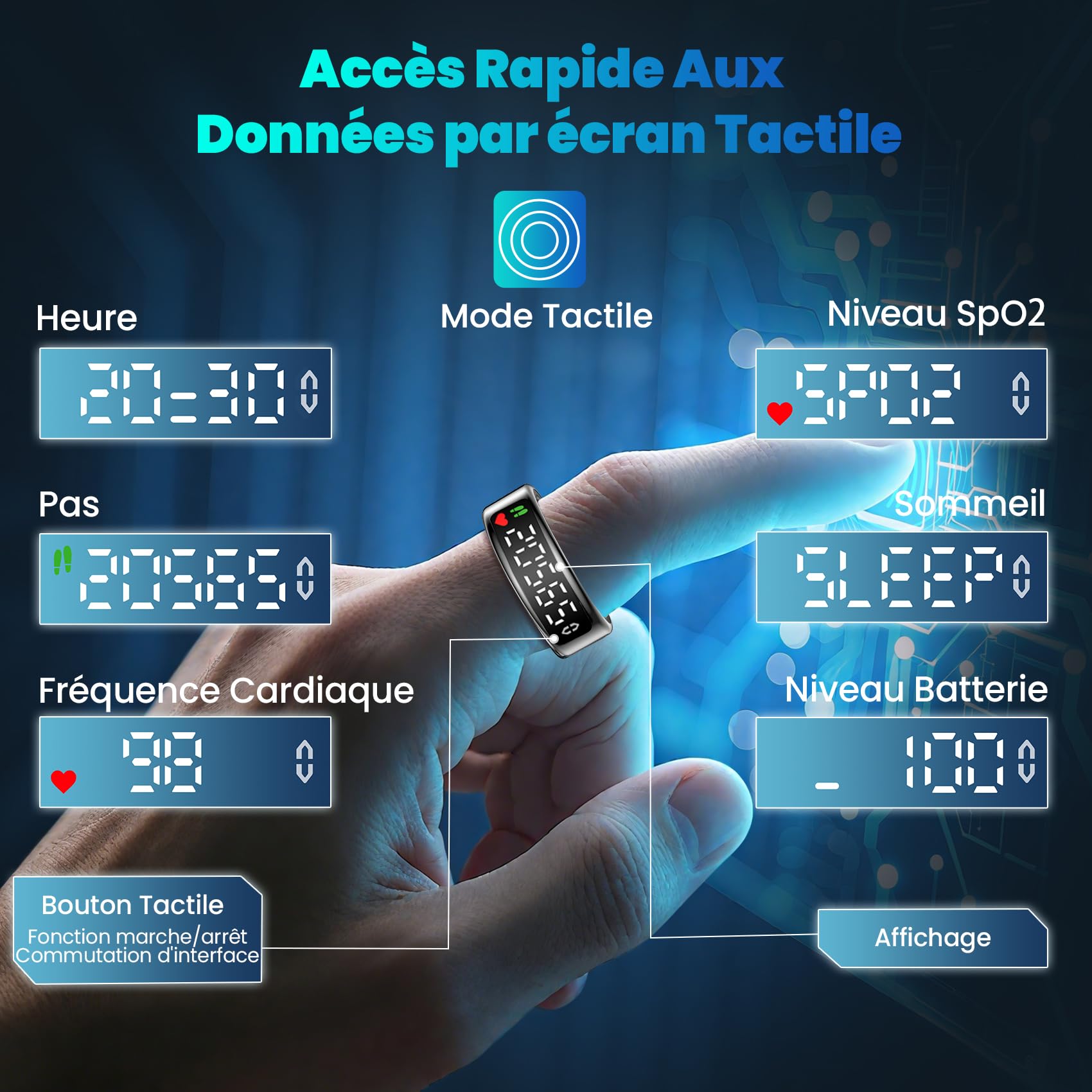 2025 Bague Connectée Homme Femme, Smart Ring avec Écran LED, Trackers d'Activité avec Android/iOS, Anneau Intelligent Health Fitness IP68 avec Sommeil/SpO2/HRV/Stress/Fréquence Cardiaque (Noir, 11)