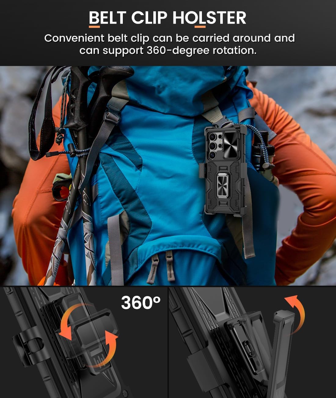 Caka for Samsung Galaxy S25 Ultra Case with Belt Clip Holster Slide Camera Cover Built-in 360° Rotate Ring Holder Stand Heavy Duty Shockproof Protective S25 Ultra Case 2025, Black - Image 6