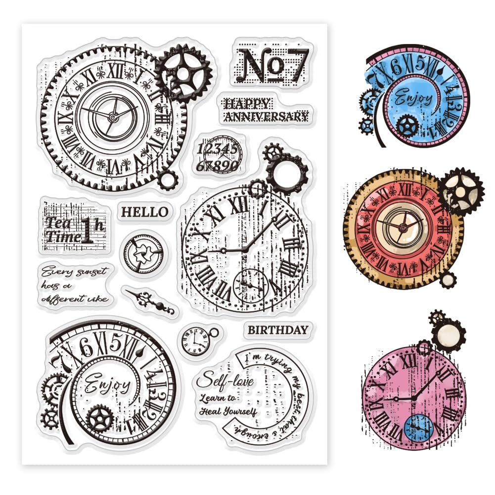 GLOBLELAND Vintage Gear Clock Clear Stamps Clock Time Silicone Clear Stamp Gear Wheel Transparent Stamps for DIY Scrapbooking and Cards Making Photo Album Journal 6.3x4.33inch