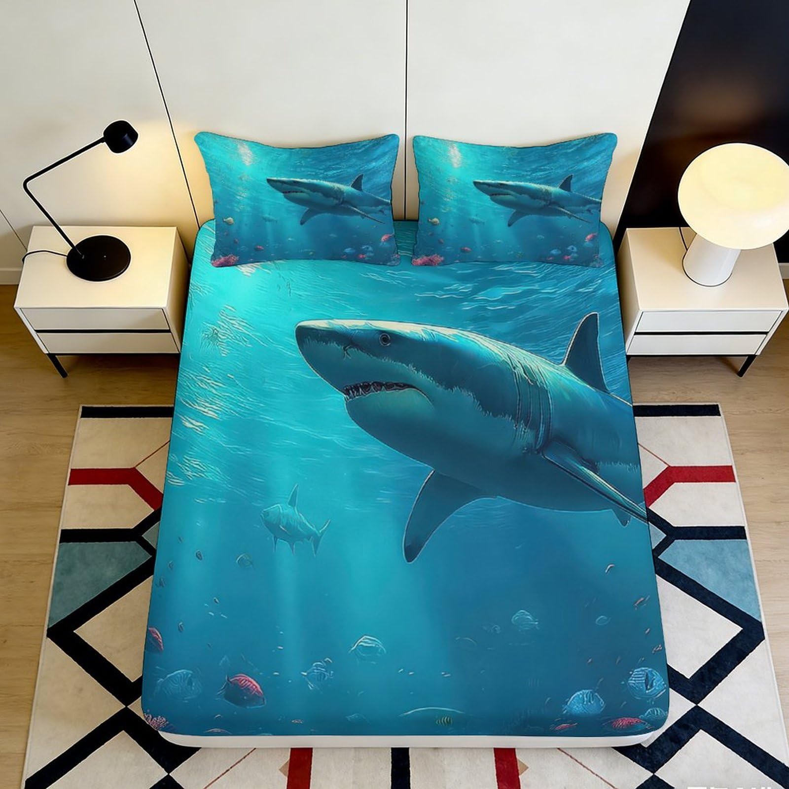 3D Printed Shark Ocean Fitted Sheet Microfiber Soft Durable Underwater Bed Cover for Bedroom Dormitory Guest Room Mattress Protection Decor 140x200x25cm