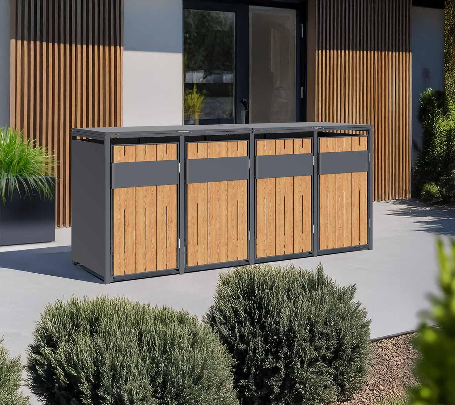 Westmann Metall Mülltonnenbox Varius 4x240 L Anthrazit Holzoptik Mülltonnenverkleidung mit Gasdruckfedern Pulverbeschichteter Stahl Wetterfest & stabil Mülltonnen Unterstand mit Fronttür & Klappdeckel