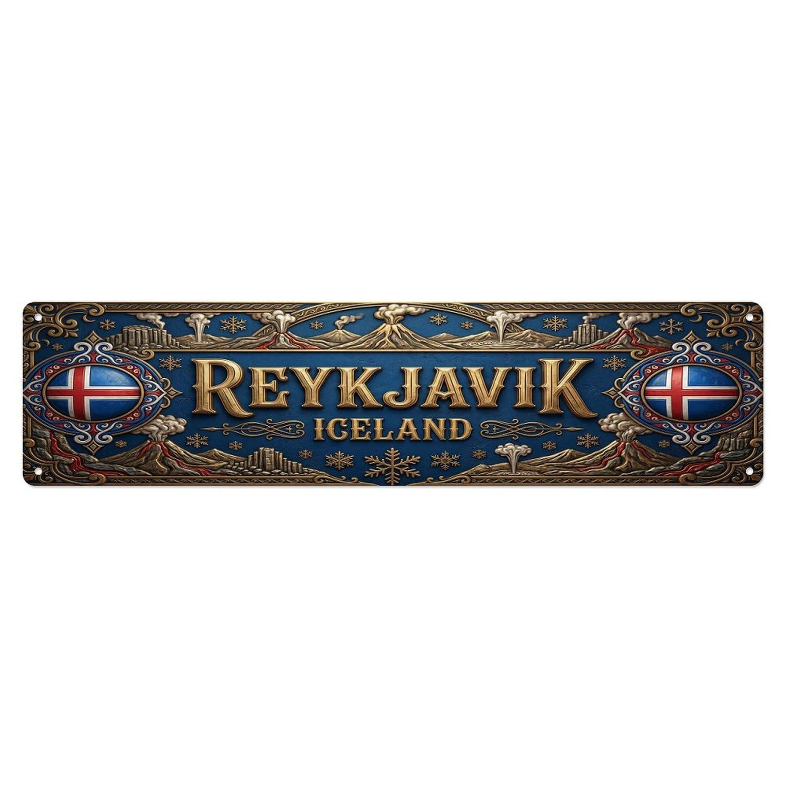 Olhnbad 4X16inch(10X40cm) Vintage Reykjavik Iceland Flag Pattern Metal Tin Sign