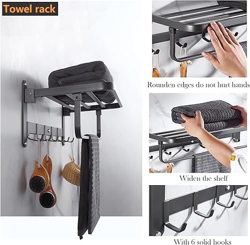 Miniatura 2 de Toallero de 24 pulgadas para baño y lavabo, estante plegable para toallas con toallero y ganchos inoxidables, soporte de torre de montaje en pared,