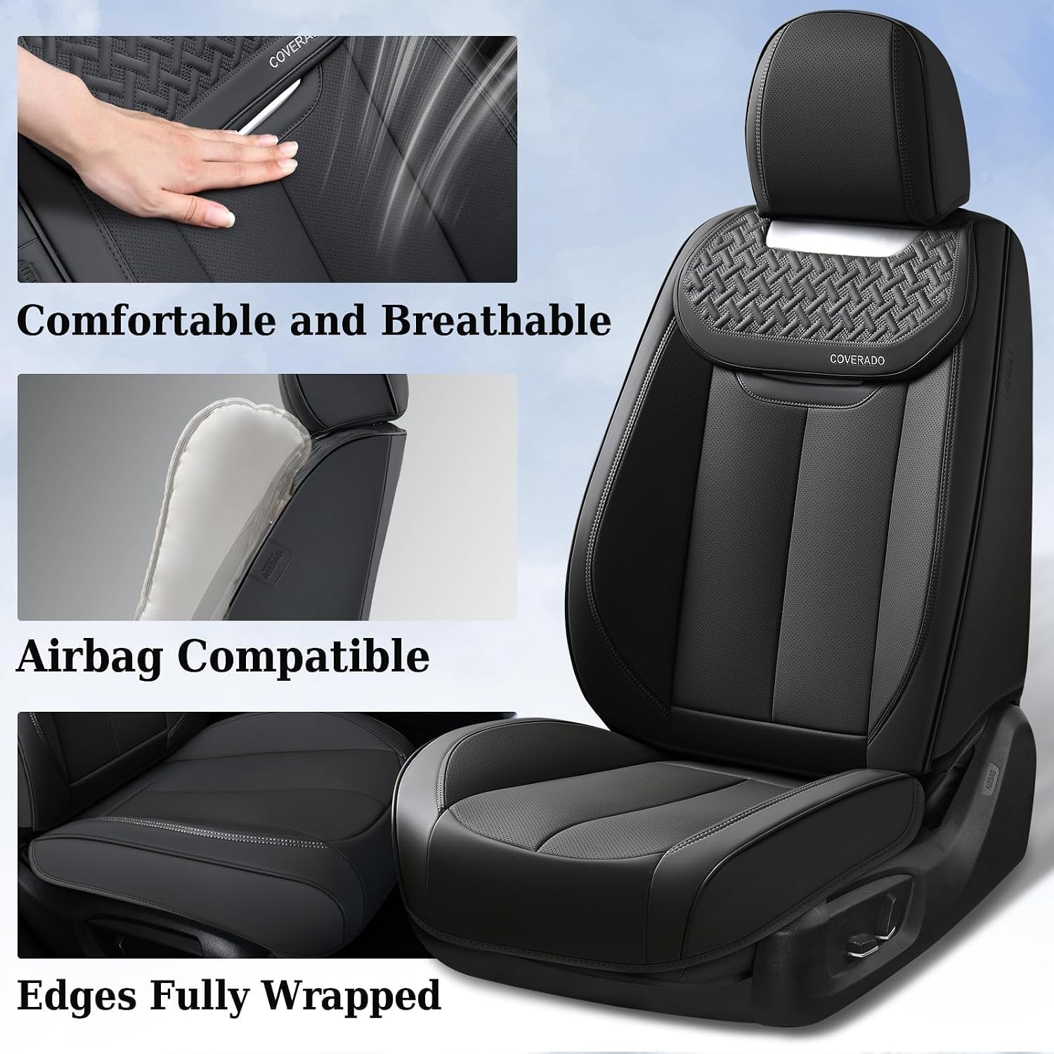 Coverado Car Seat Covers Full Set, Luxury Nappa Leather Seat Cover, Universal Seat Covers for Cars, Front and Back Waterproof Seat Cover Car Seat Protector Fit for Most Cars(Black)