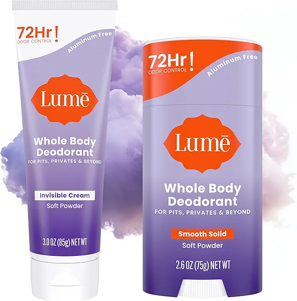Lume Whole Body Deodorant - Invisible Cream - 72 Hour Odor Control - Aluminum Free, Baking Soda Free, Skin Safe - 3.0 Ounce Tube and 2.6 Ounce Solid Stick Bundle (Soft Powder)