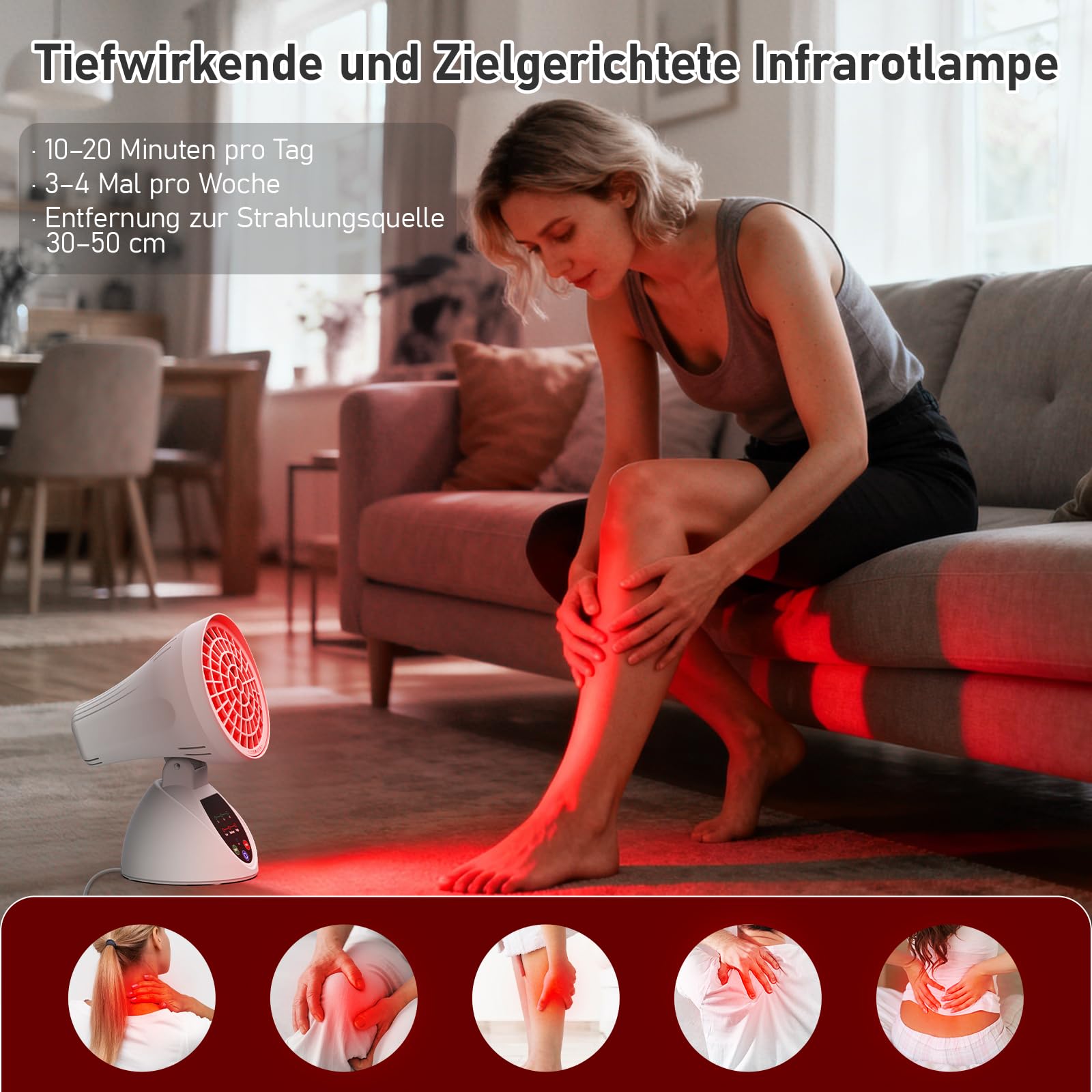 Rotlichtlampe 150W, Infrarotlampe mit 3 Temperaturstufen, 30/45/60 Min Timer, Winkelverstellbar, Kippschutz mit Automatischer Abschaltung für Büro & Zuhause