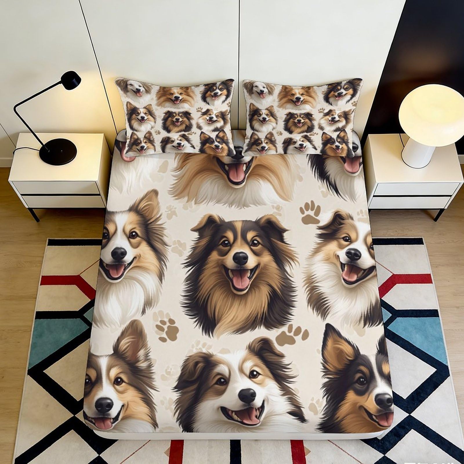 3D Printed Happy Dog Faces Fitted Sheet Microfiber Soft Durable Cartoon Puppy Bed Cover for Bedroom Dormitory Guest Room Mattress Protection 140x200x25cm