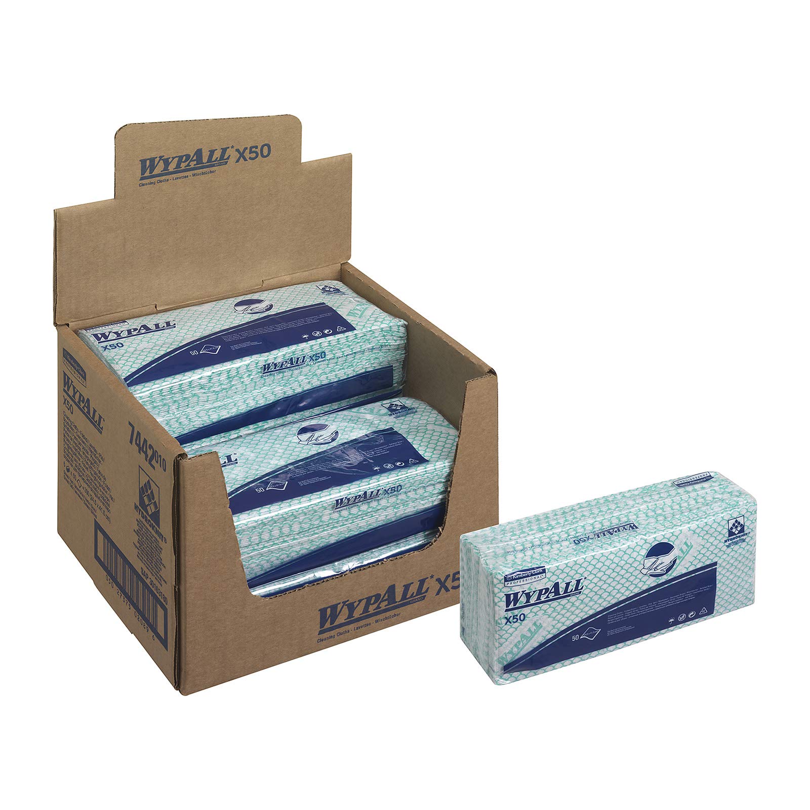 WypAll X50 Panno pulizia con codice colore 7442-1 velo, 6 confezioni x 50 panni lavabili intercalati totale 300 colore verde, 6x50/ 300