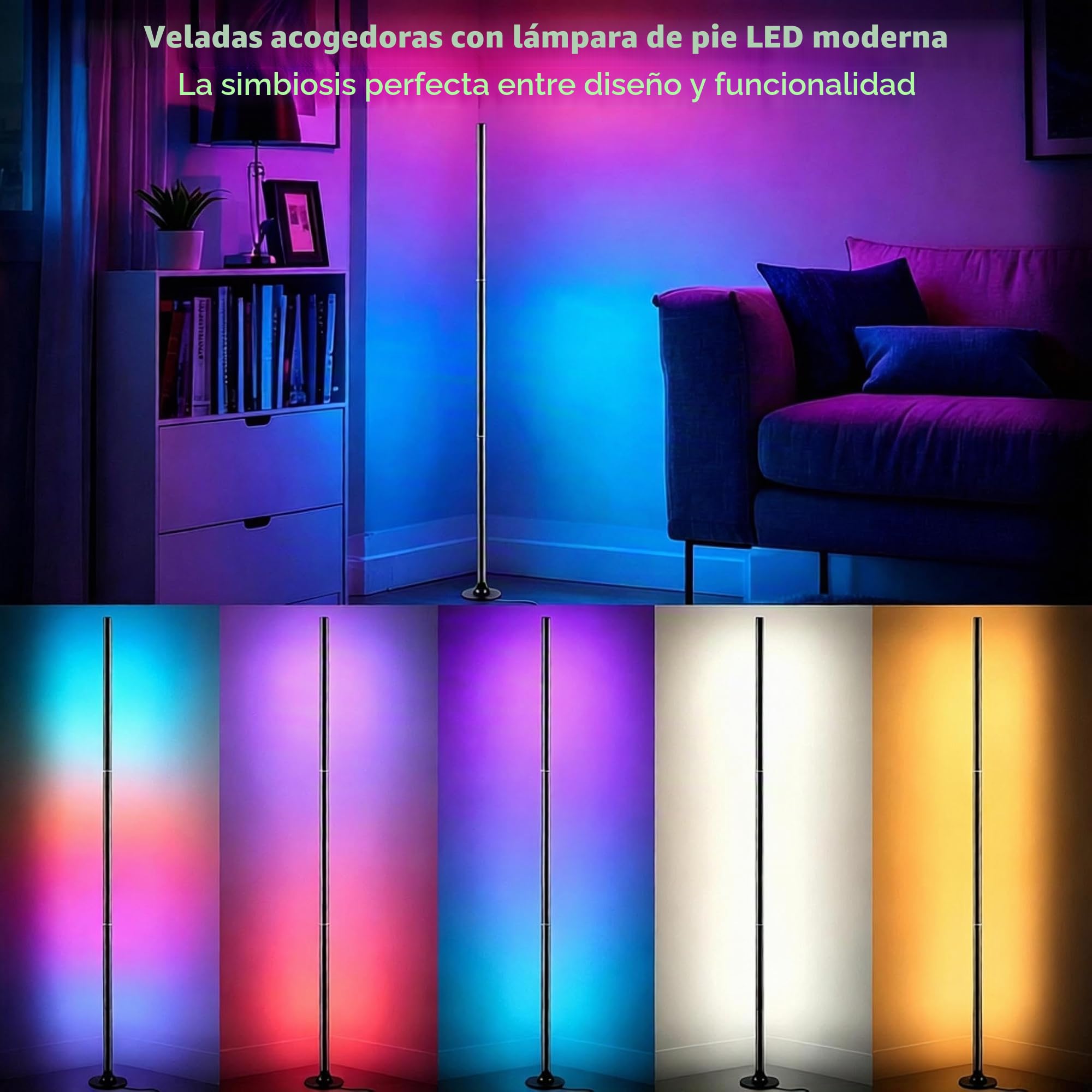 Lámpara de Pie LED RGB, Regulable con Mando y App, 16M Colores y Sincronización Musical, 120 cm, Angular Desmontable