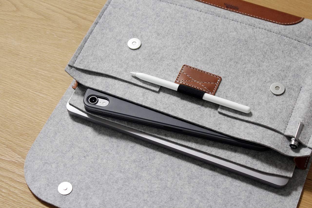 Pack & Smooch Corriedale L Laptop Sleeve | 100% Merino Wool Felt & Vegetable-Tanned Leather | Gray/Light Brown | Fits Laptops up to 16" (Designed for MacBook Pro/Air)