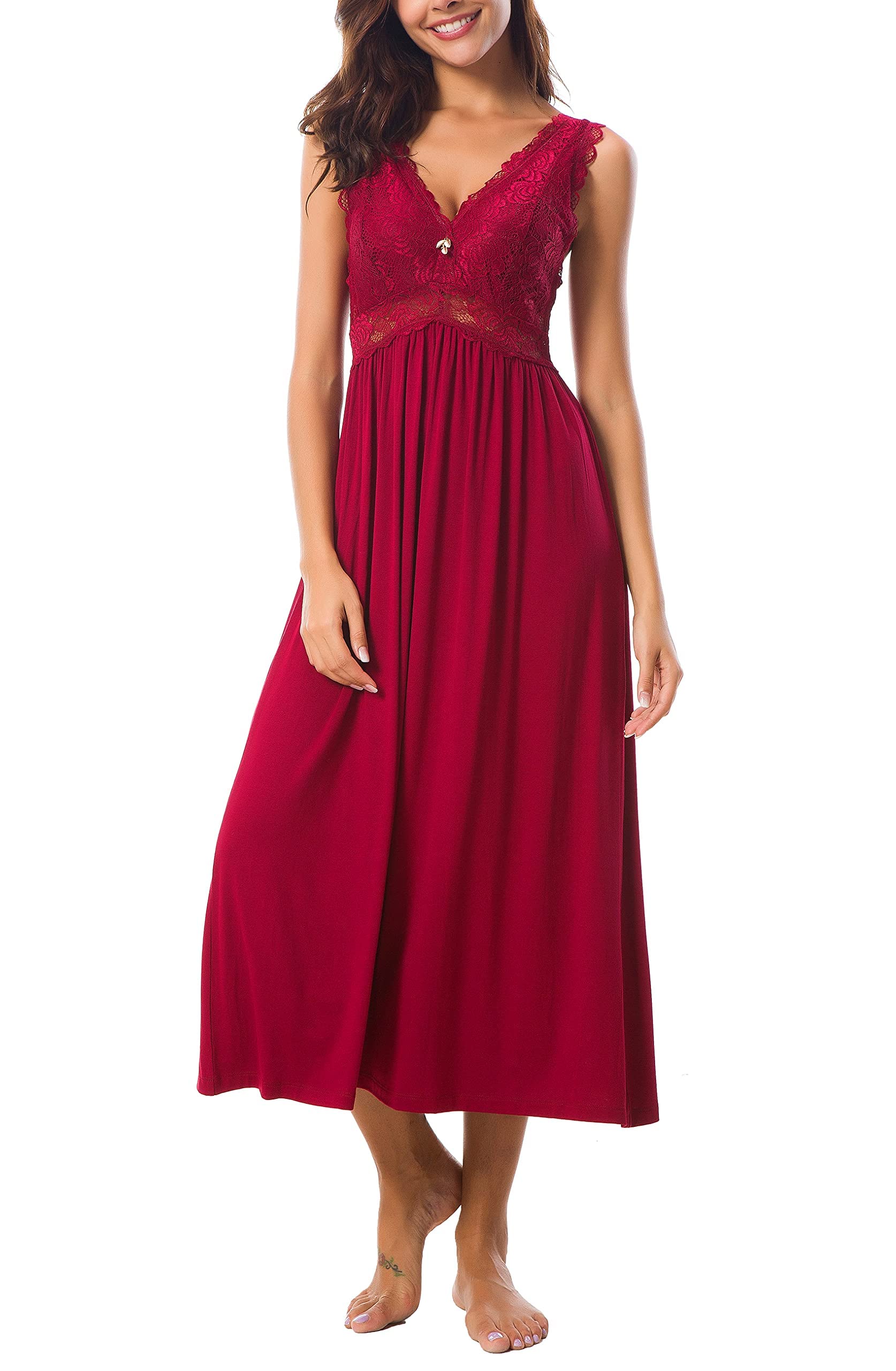 Alcea Rosea Women's Wine Long Lace Nightdresses V Neck Sexy Chemise Nighties Strap Nightgown Elegant For S-Xxxl (, S)