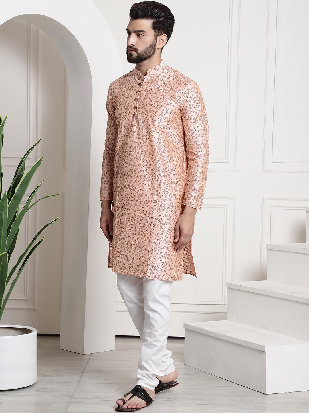Sojanya (Since 1958 Men's Silk Blend Print Pink Kurta And Off-White Pyjama With Pink Nehrujacket