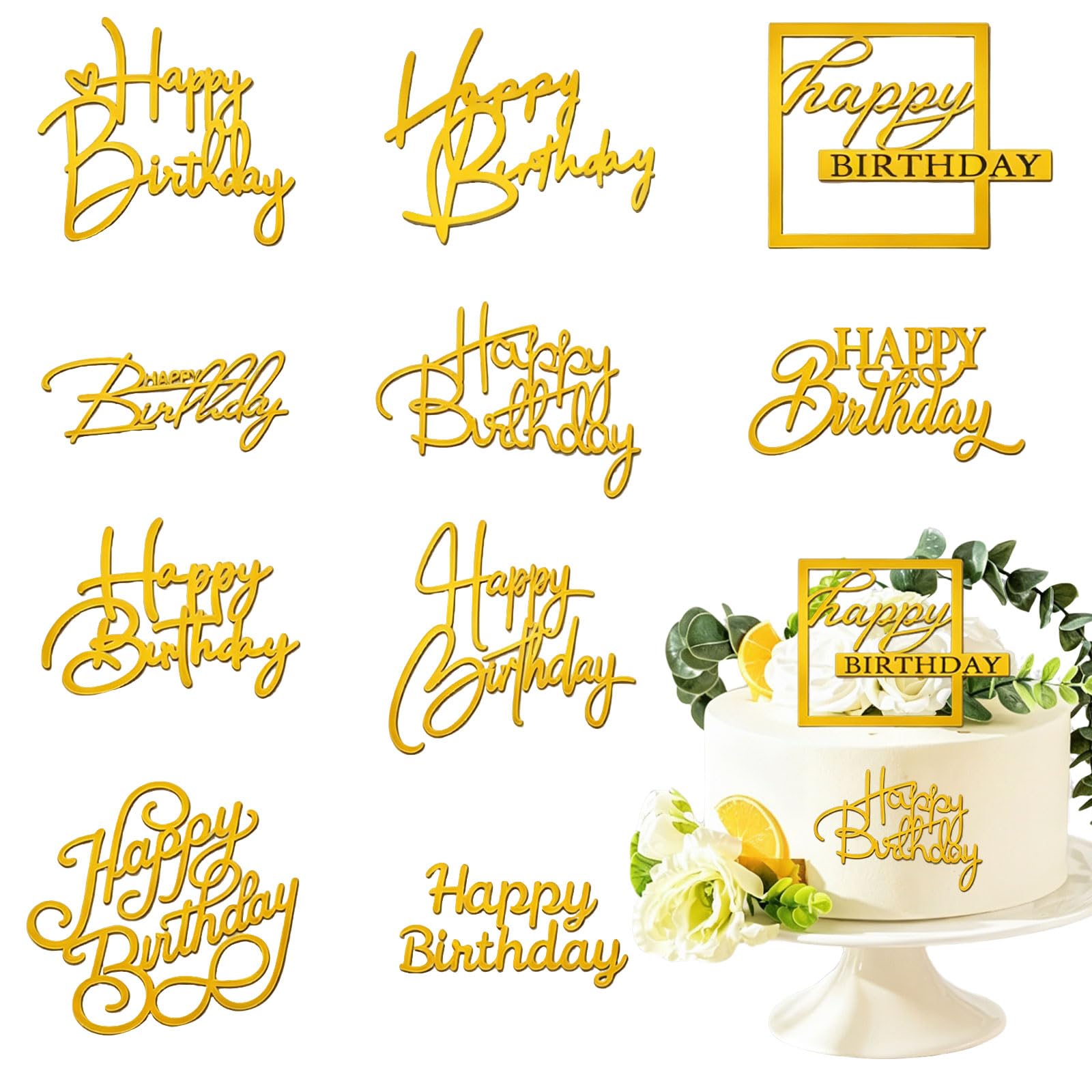 Floruvia 10 Pack Happy Birthday Cake Topper Acrylic, Mirror Birthday Cake Decoration, Double-sided Cake Decor for Party Dessert DIY Flowers Gift (Gold)