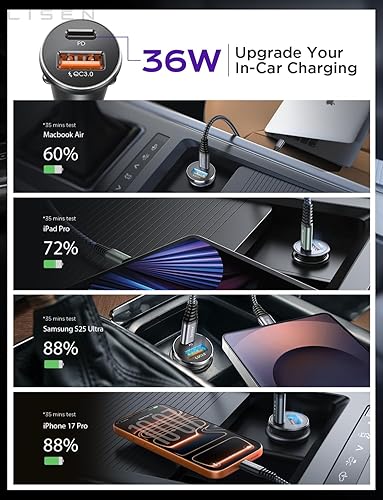 Miniatura 8 de LISEN Cargador de Coche USB C, Adaptador de Cargador de Encendido USB de 54W, Accesorios de Coche para Hombres, Mini Adaptador de Carga Rápida USBC