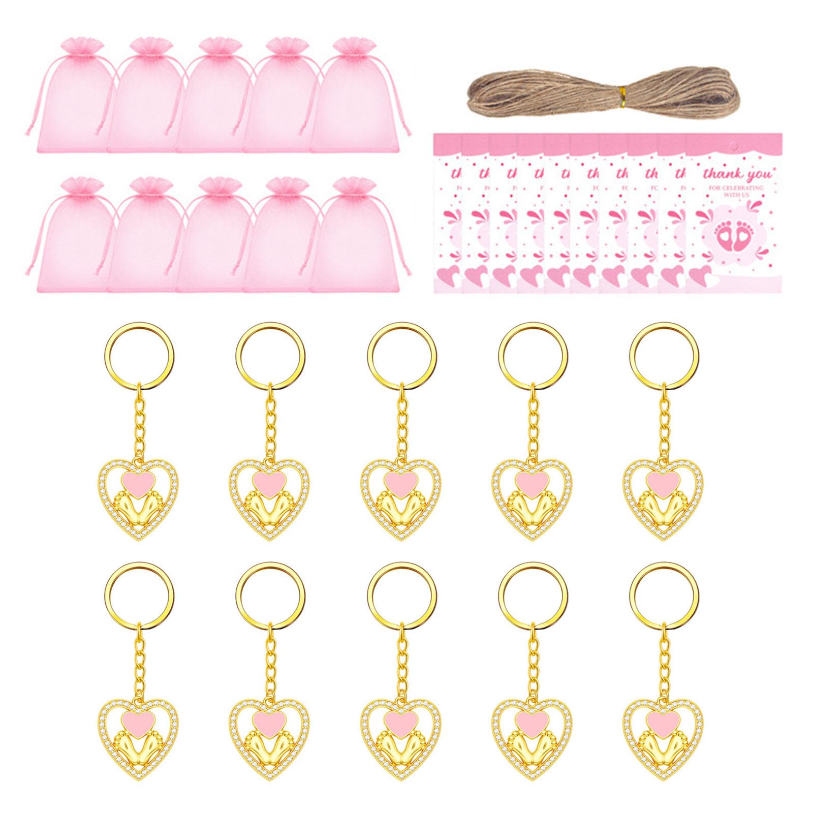 APGLSXY 10Pcs Heart and Baby Feet Keyrings Footprint Keychains for Gender Announcement and Baby Showers Celebration Metal Mixture Keychain
