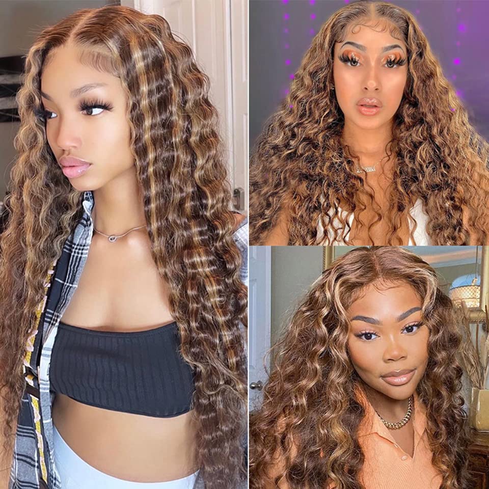 AiPliantfis P4/27 Chocolate Brown Highlighted Blonde Bundles Human Hair Deep Wave Weave 3 Bundles Unprocessed Double Weft Human Hair Extension Total 300g 30 32 34 Inch - Image 2