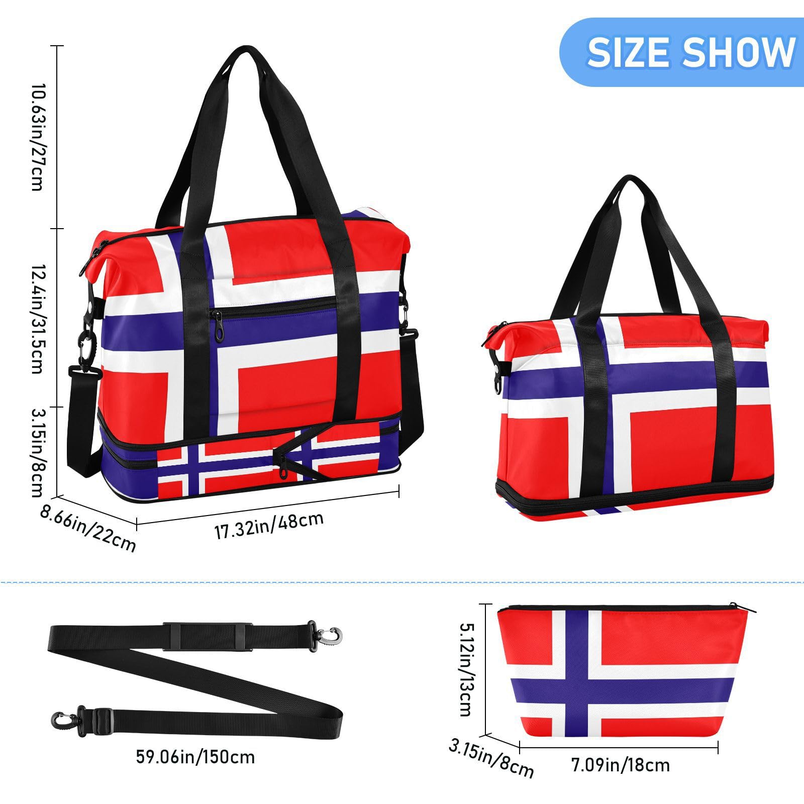 Lot de 2 sacs de week-end avec poche humide et sangle réglable pour la randonnée - Motif drapeau de la Norvège - Pour homme et femme