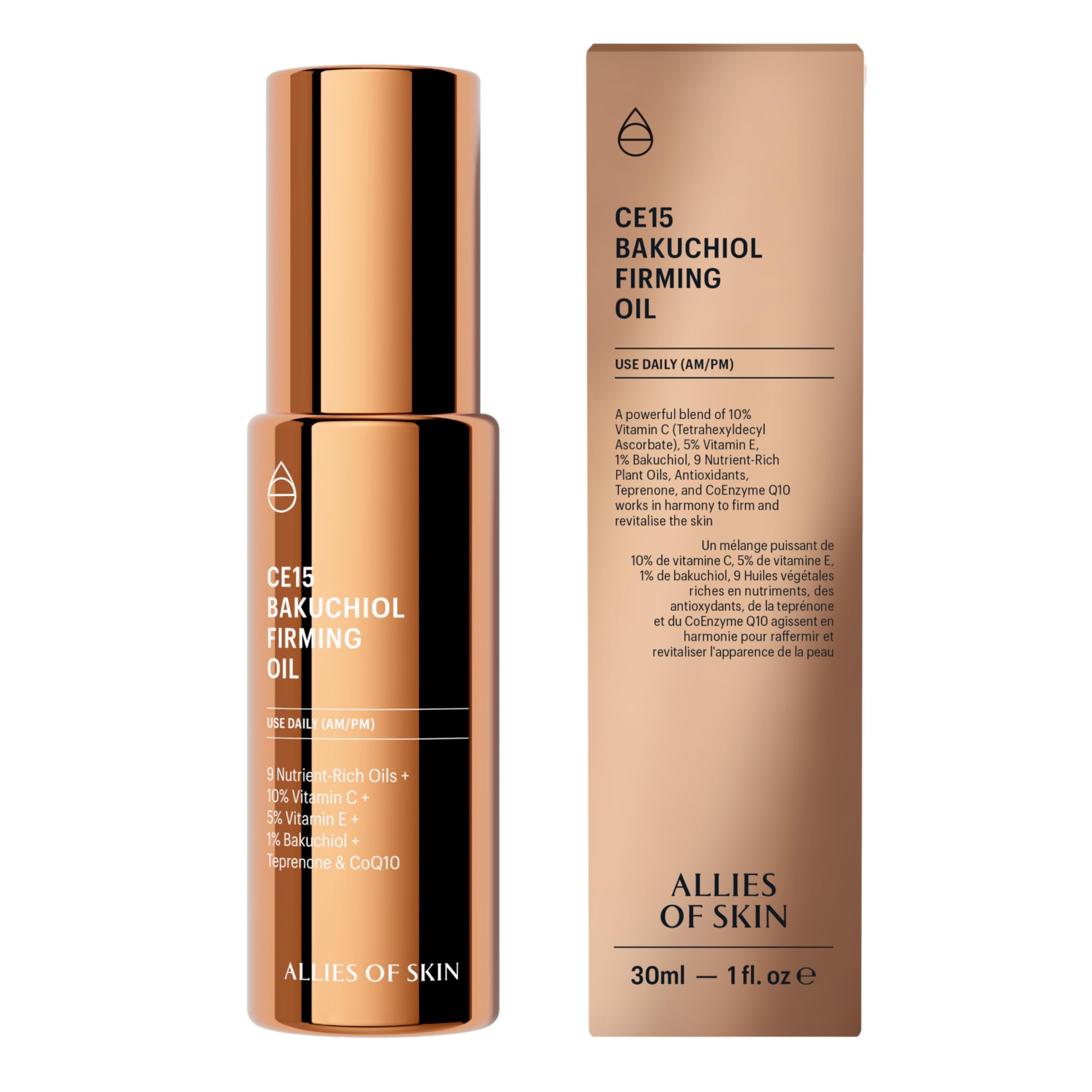 Allies of Skin CE15 Bakuchiol Firming Oil: Firming Facial Oil with 10% Vitamin C, 5% Vitamin E, 1% Bakuchiol Retinol, 3% Renovage™. 30 ml/ 1 oz
