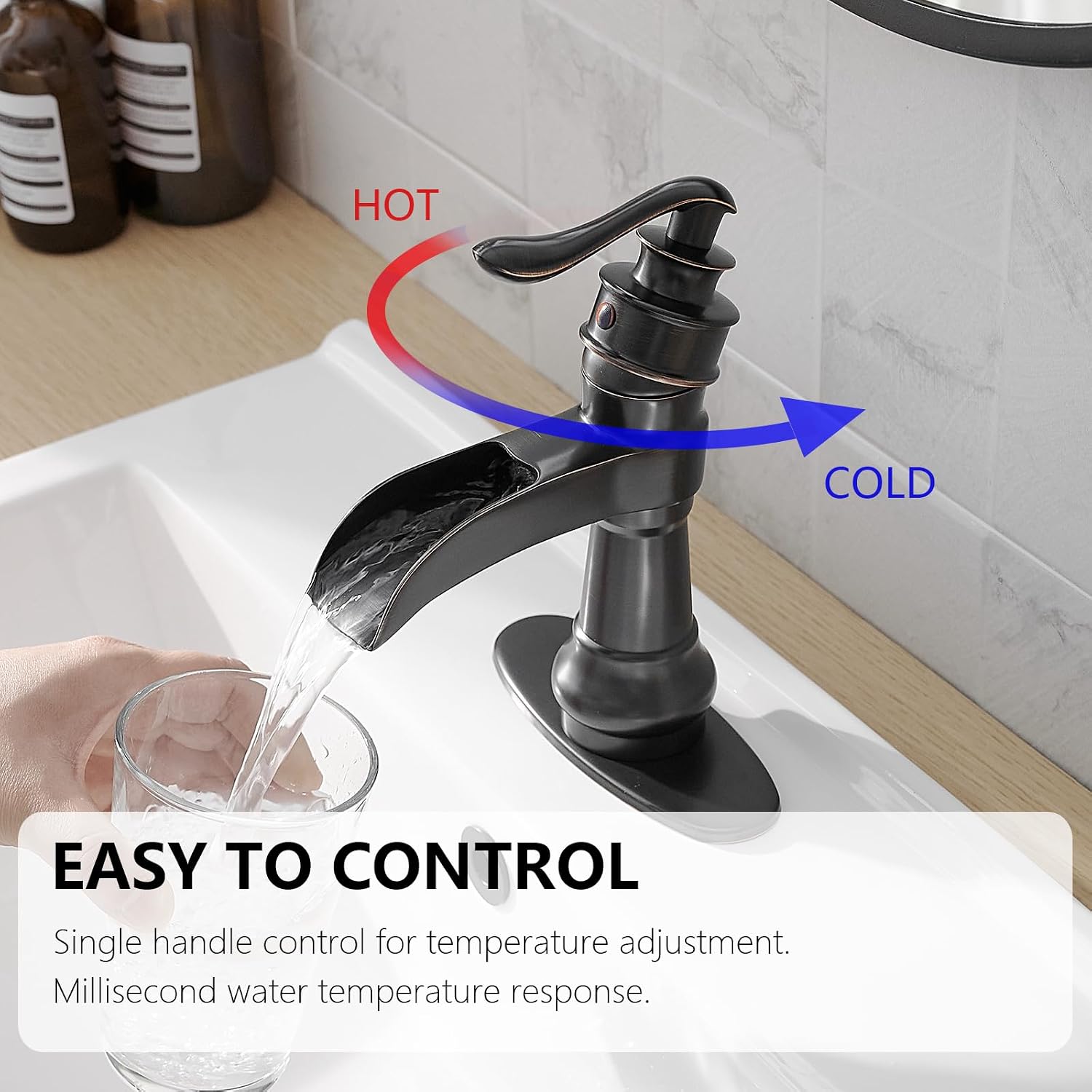 Oil Rubbed Bronze Bathroom Faucet, Waterfall Bathroom Sink Faucet, Farmhouse Bathroom Faucet, Single Hole Single Handle RV Lavatory Vanity Vintage with Pop Up Drain with Overflow