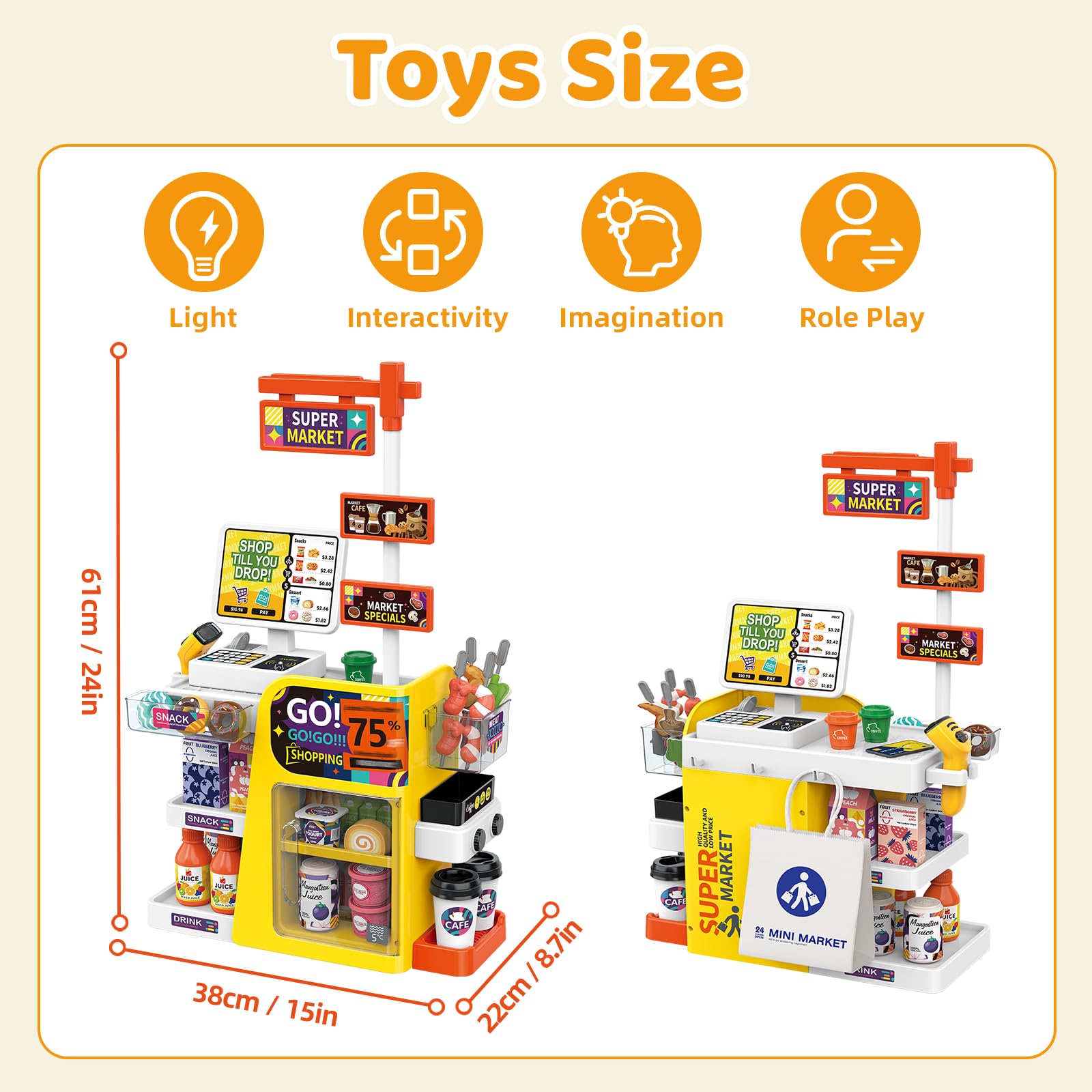 RedCrab Supermercato Giocattolo per Bambini, 65 Pezzi Accessori per Negozio, Registratore di Cassa Giocattolo con Scanner e Suono, Gioco di Ruolo Regalo per Bambini 3+ Anni