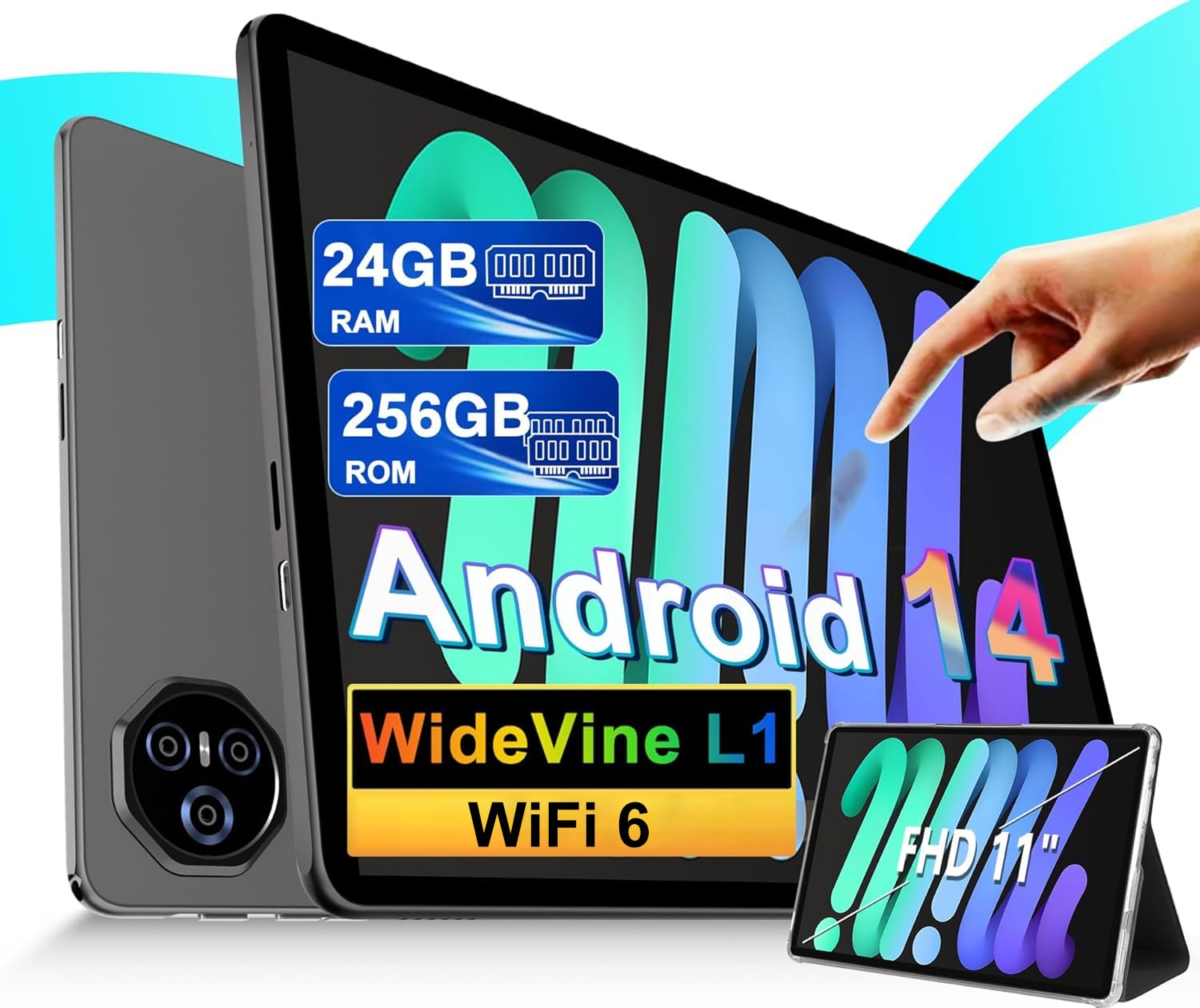 Dghrti 2025 Tablet 11 pollici da Touch Android 14, 24 GB RAM + 256 GB ROM (2TB TF), Octa-Core, UFS 2.2 Flash, FHD IPS, 8000 mAh, Suono 3D, 13MP + 5MP, Dual WiFi, BT 5.0, Widevine L1, Face ID, Grigio