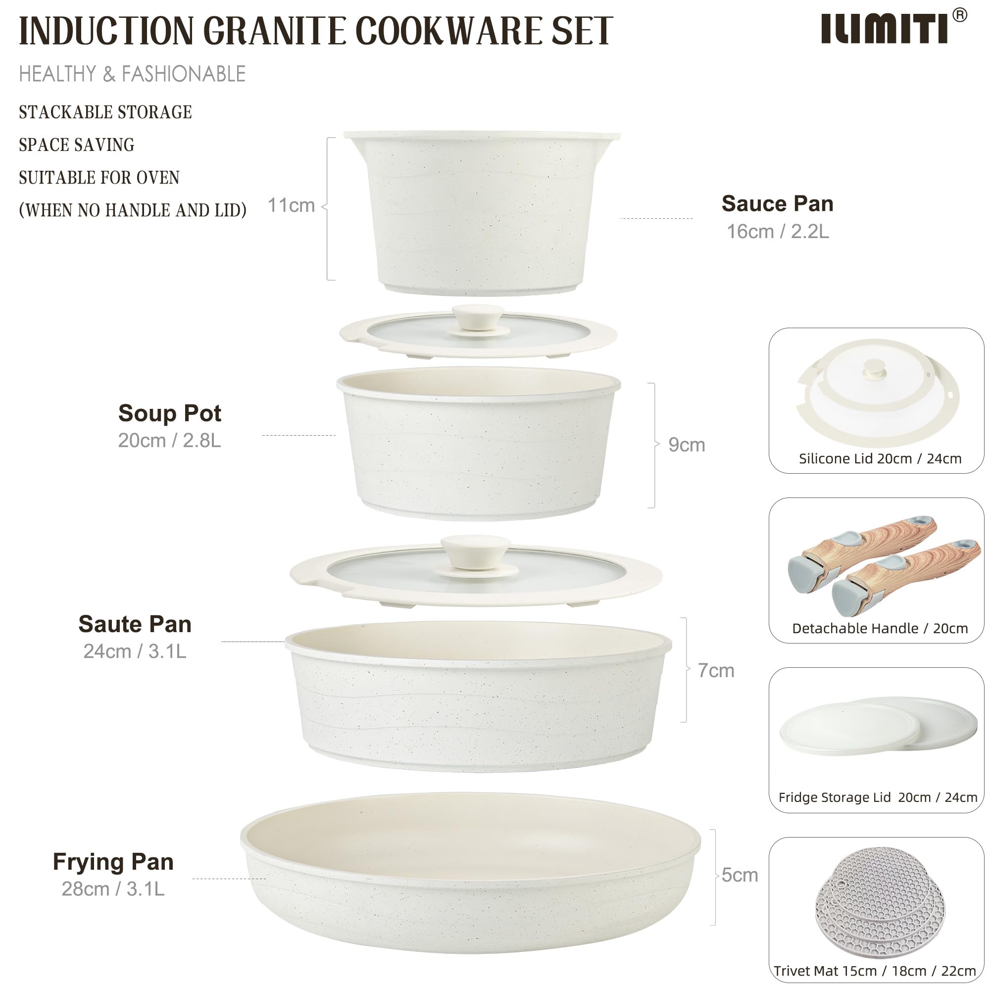 Set Pentole Antiaderenti In Granito - Manici Staccabili, Impilabili, Per Induzione - Senza PFOA - Foto 4