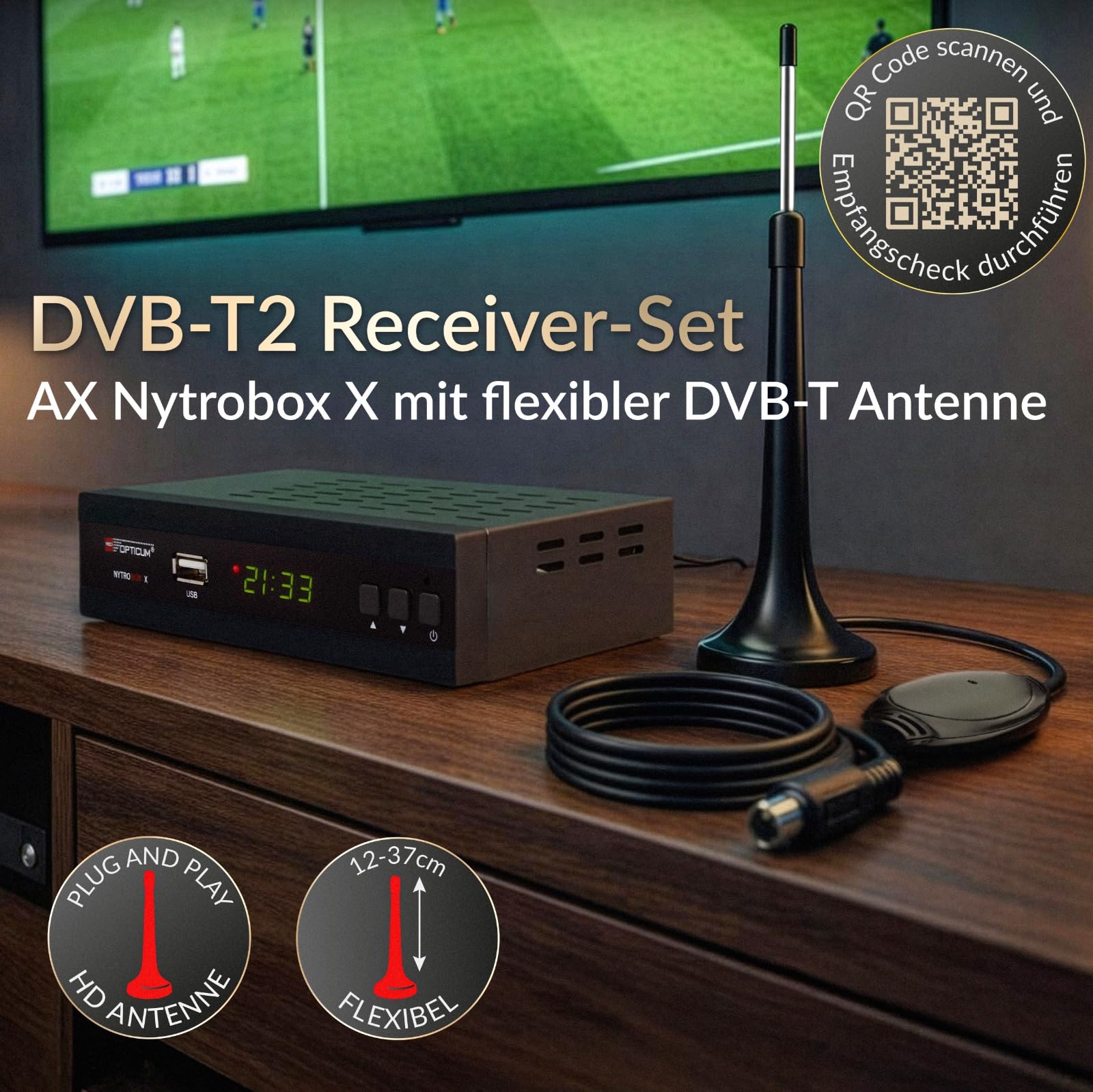 Opticum Nytrobox X DVB-T2 Receiver mit PVR Aufnahmefunktion und DVB-T Antenne Set HDMI SCART USB